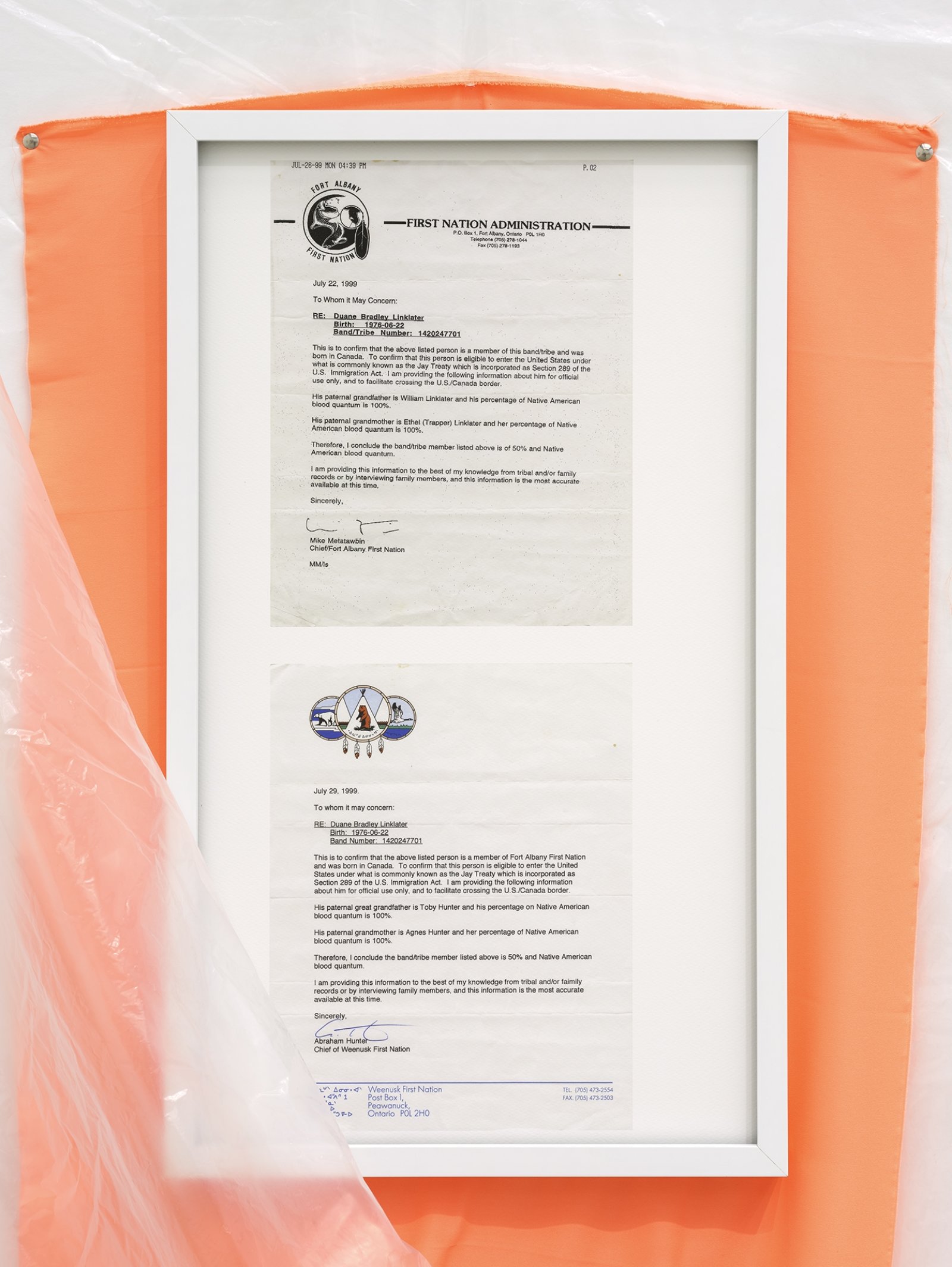 Duane Linklater, border (detail), 2016, plastic sheeting, cotton cloth, nails, thumb tacks, framed digital print, 98 x 57 x 12 in. (249 x 145 x 31 cm)