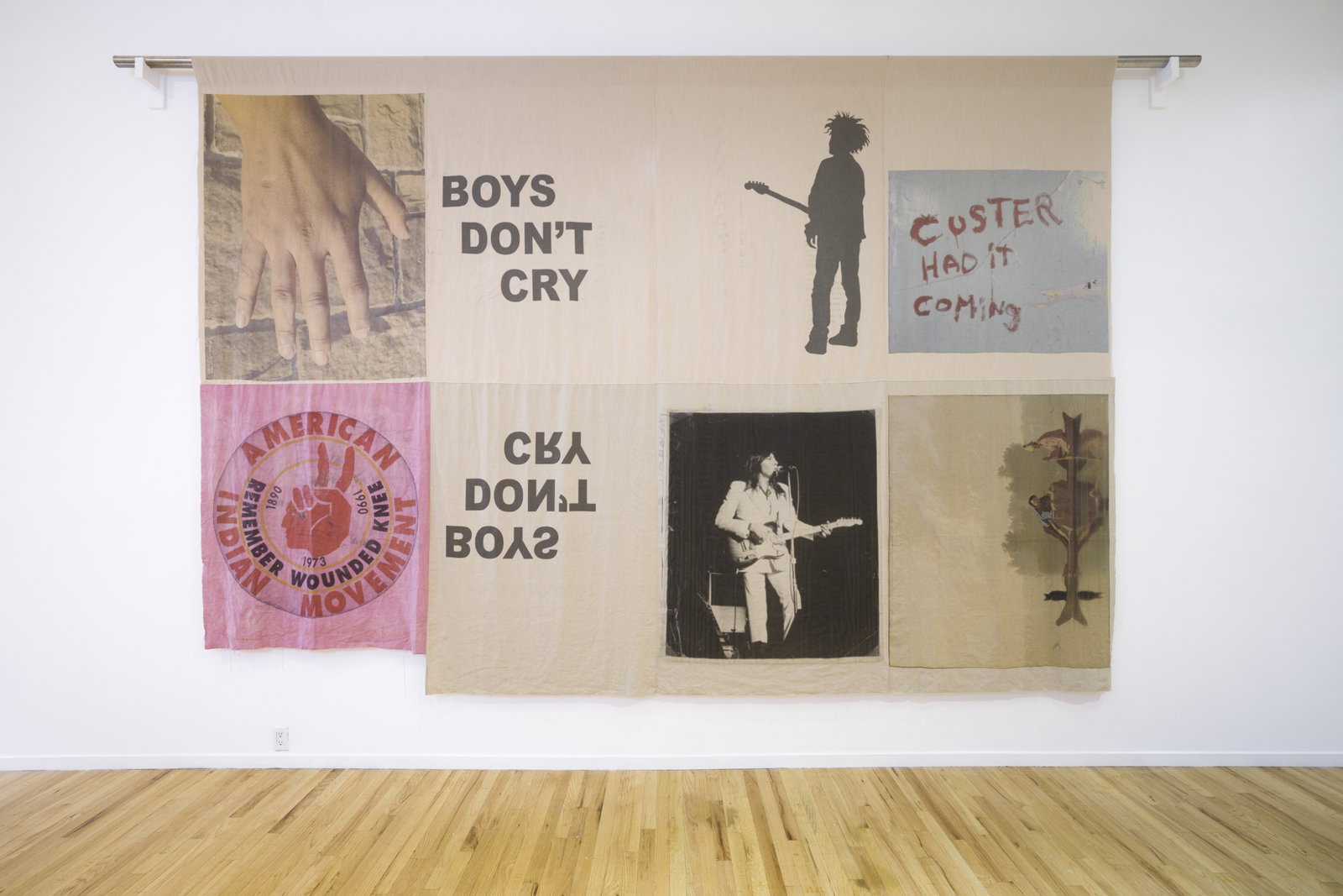 Duane Linklater, boys don’t cry, 2017, digital print on hand dyed linen, 120 x 180 in. (305 x 457 cm)