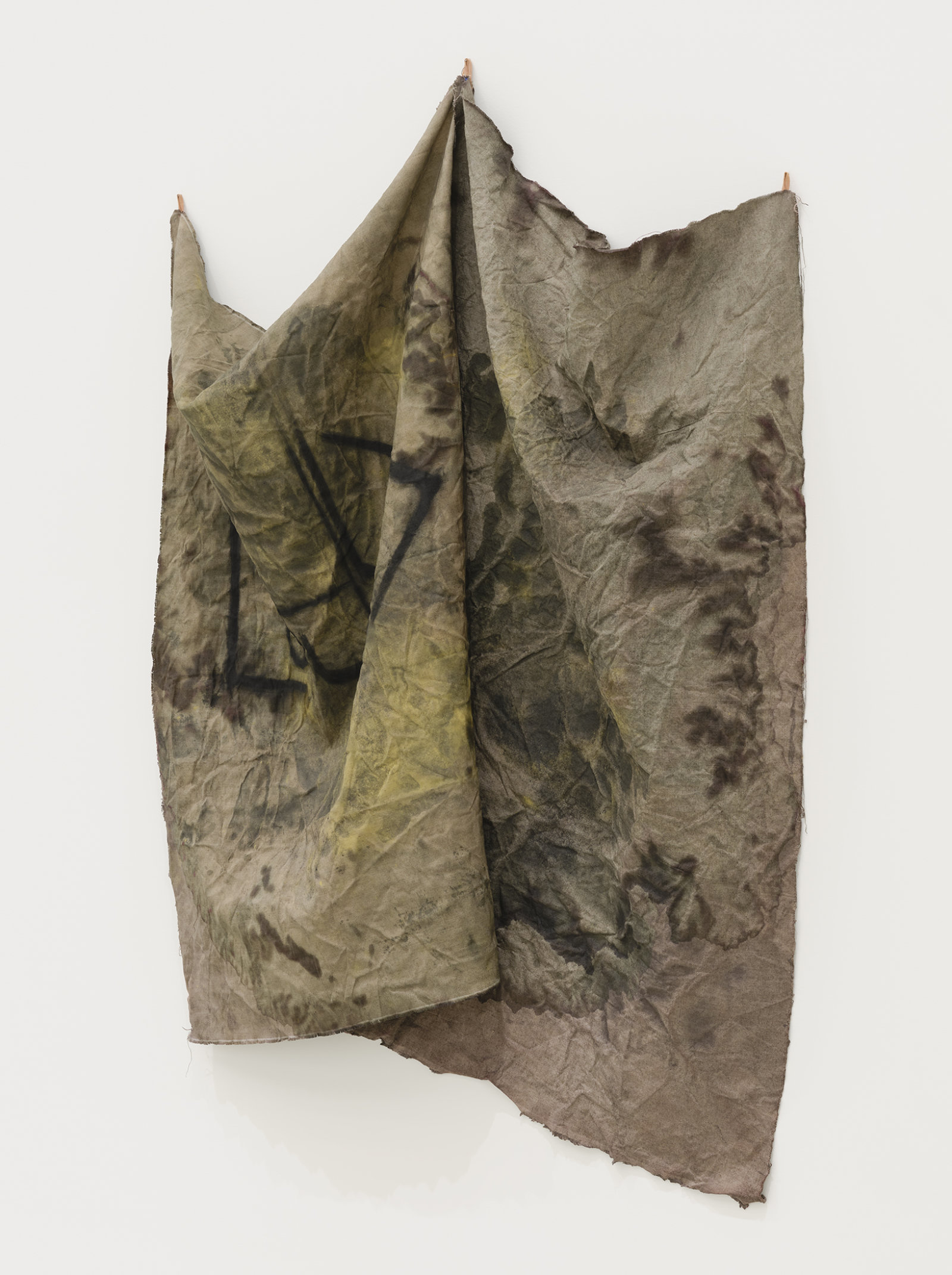 Duane Linklater, bugjuice, 2021, digital print on linen, cochineal dye, yellow ochre, honey, charcoal, nails, 66 x 45 x 9 in. (168 x 114 x 22 cm)