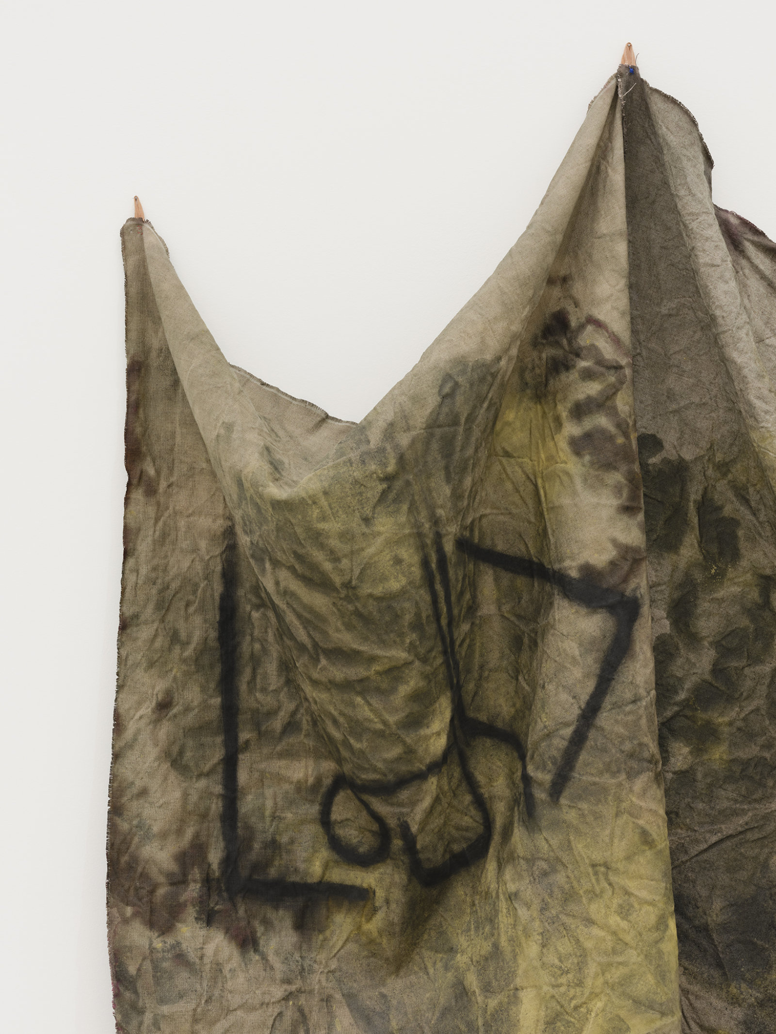 Duane Linklater, bugjuice (detail), 2021, digital print on linen, cochineal dye, yellow ochre, honey, charcoal, nails, 66 x 45 x 9 in. (168 x 114 x 22 cm)