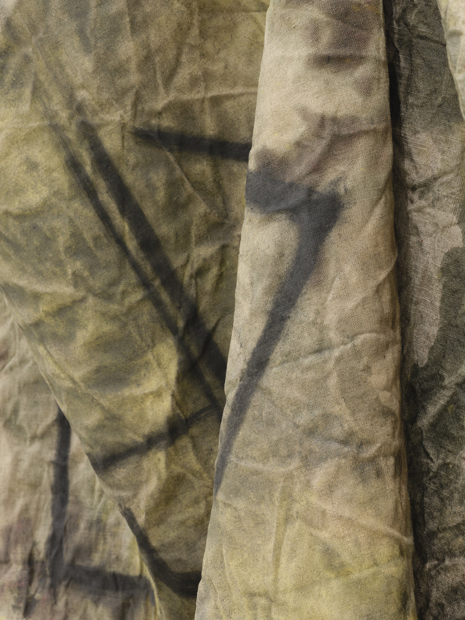 Duane Linklater, bugjuice (detail), 2021, digital print on linen, cochineal dye, yellow ochre, honey, charcoal, nails, 66 x 45 x 9 in. (168 x 114 x 22 cm)
