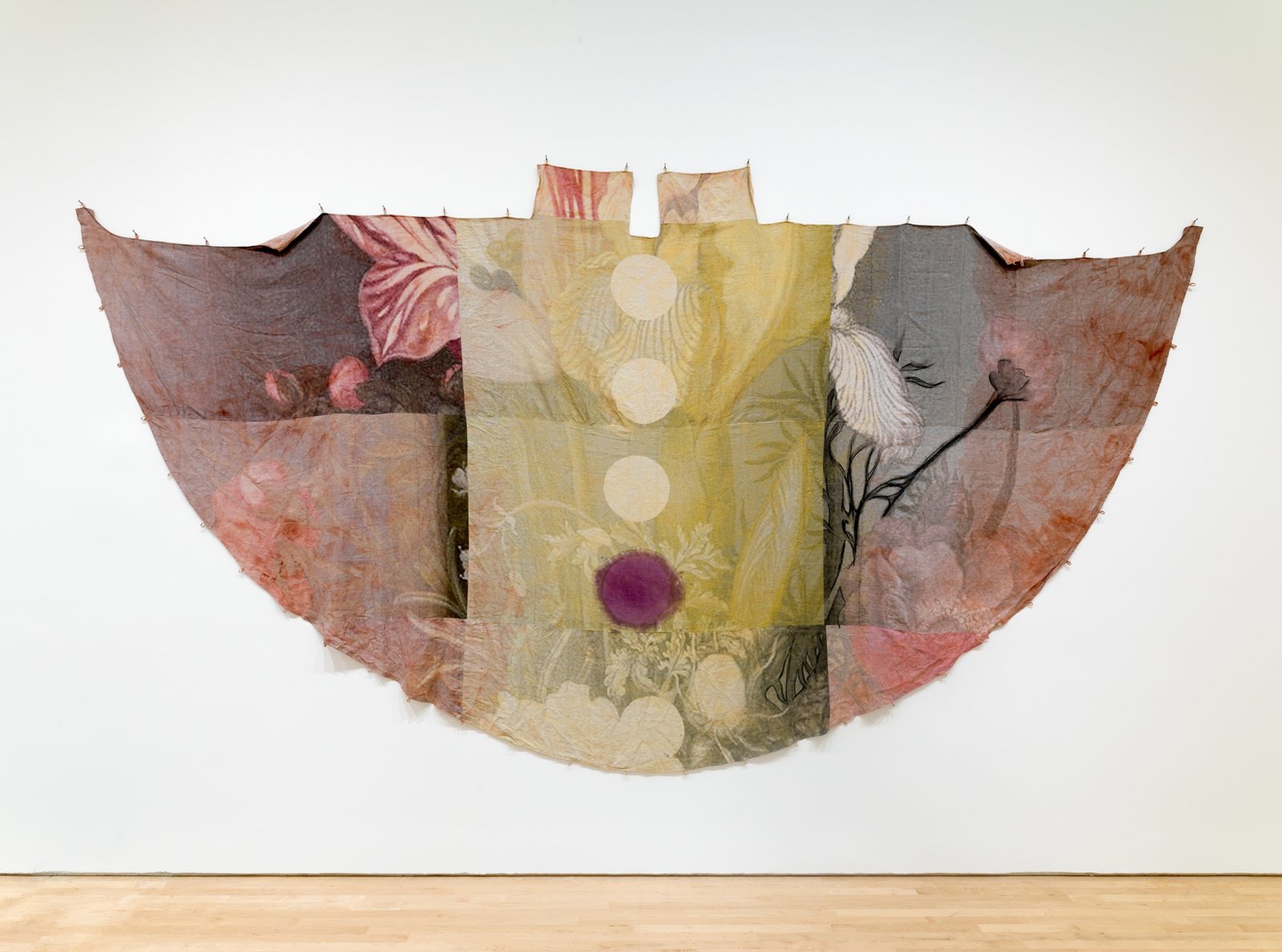 Duane Linklater, can the circle be unbroken 2, 2019, digital print on linen, iron red dye, cypress yellow ochre, blueberry extract, charcoal, nails, 120 x 240 in. (305 x 610 cm). Installation view, SOFT POWER, SF MOMA, San Francisco, USA, 2019