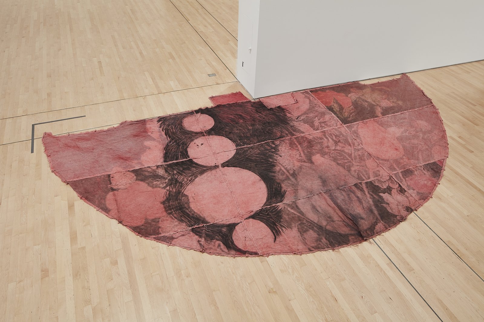 Duane Linklater, can the circle be unbroken 4, 2019, digital print on linen, cup and saucer red dye, indigo dye, charcoal, 120 x 240 in. (305 x 610 cm). Installation view, SOFT POWER, SF MOMA, San Francisco, USA, 2019