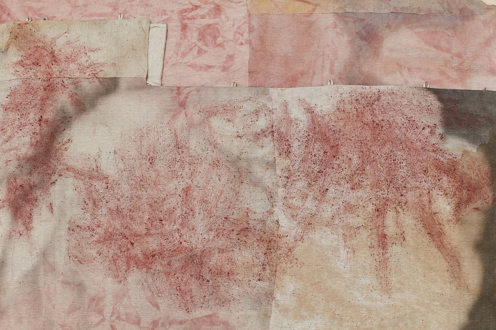 Duane Linklater, can the circle be unbroken 5 (detail), 2019, digital print on linen, black walnut dye, iron red dye, black tea, charcoal, 71 x 108 in. (180 x 274 cm). Installation view, SOFT POWER, SF MOMA, San Francisco, USA, 2019