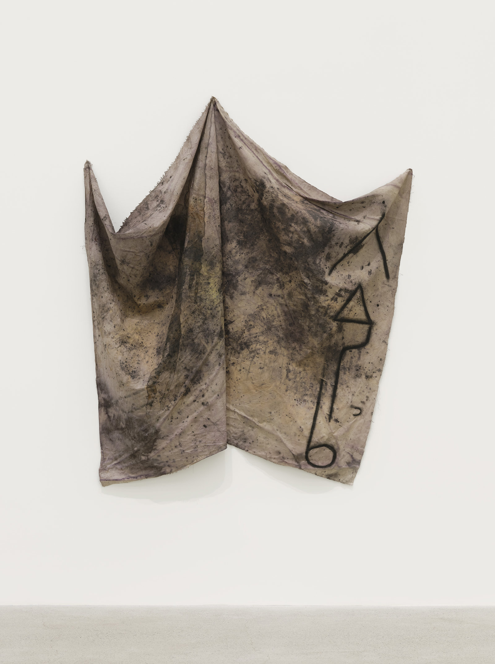 Duane Linklater, crust cloth remnant, 2021, linen, cochineal dye, yellow ochre, honey, charcoal, nails, 66 x 56 x 7 in. (168 x 141 x 18 cm)