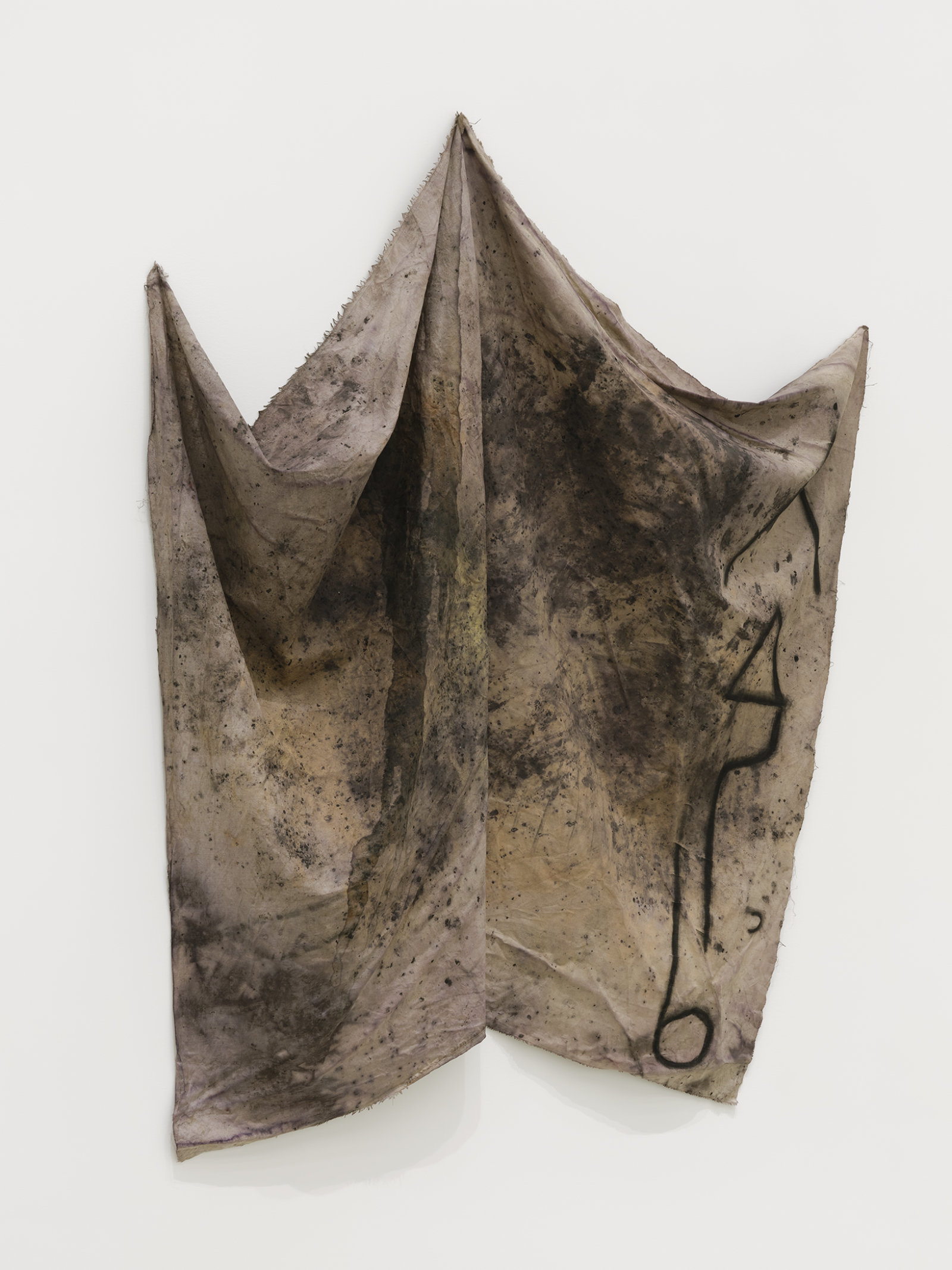 Duane Linklater, crust cloth remnant, 2021, linen, cochineal dye, yellow ochre, honey, charcoal, nails, 66 x 56 x 7 in. (168 x 141 x 18 cm)