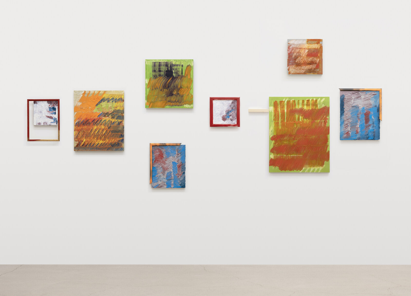Duane Linklater, grass_congregation_for_JL/LL, 2026, 8 paintings, oil and oil stick, graphite on linen, artist’s frame, wood, installation dimensions 53 x 137 in. (135 x 349 cm)