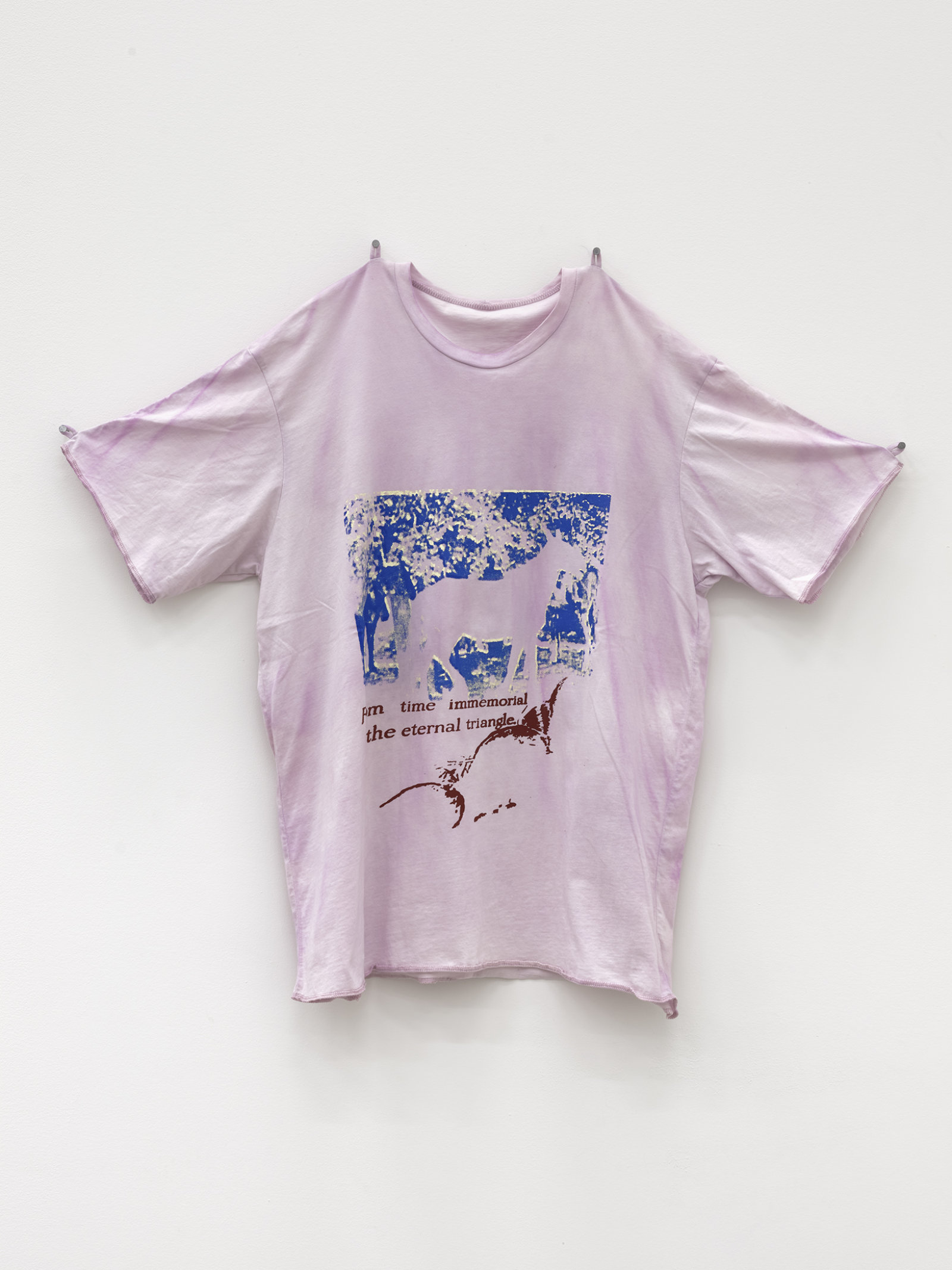 Duane Linklater, horses with intertitle, 2020, handmade t-shirt, cochineal dye, silkscreen, nails, 33 x 37 x 6 in. (84 x 94 x 14 cm)