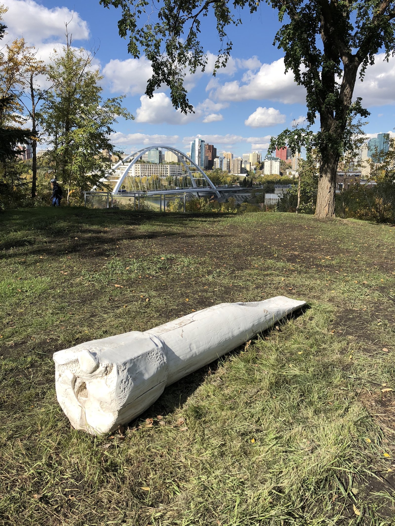 Duane Linklater, mikikwan, 2018, concrete reproduction of 9,000-year-old buffalo bone hide scraper, dimensions variable. Installation view, ᐄᓃᐤ (ÎNÎW) River Lot 11∞, Indigenous Art Park, Edmonton, Canada, 2018