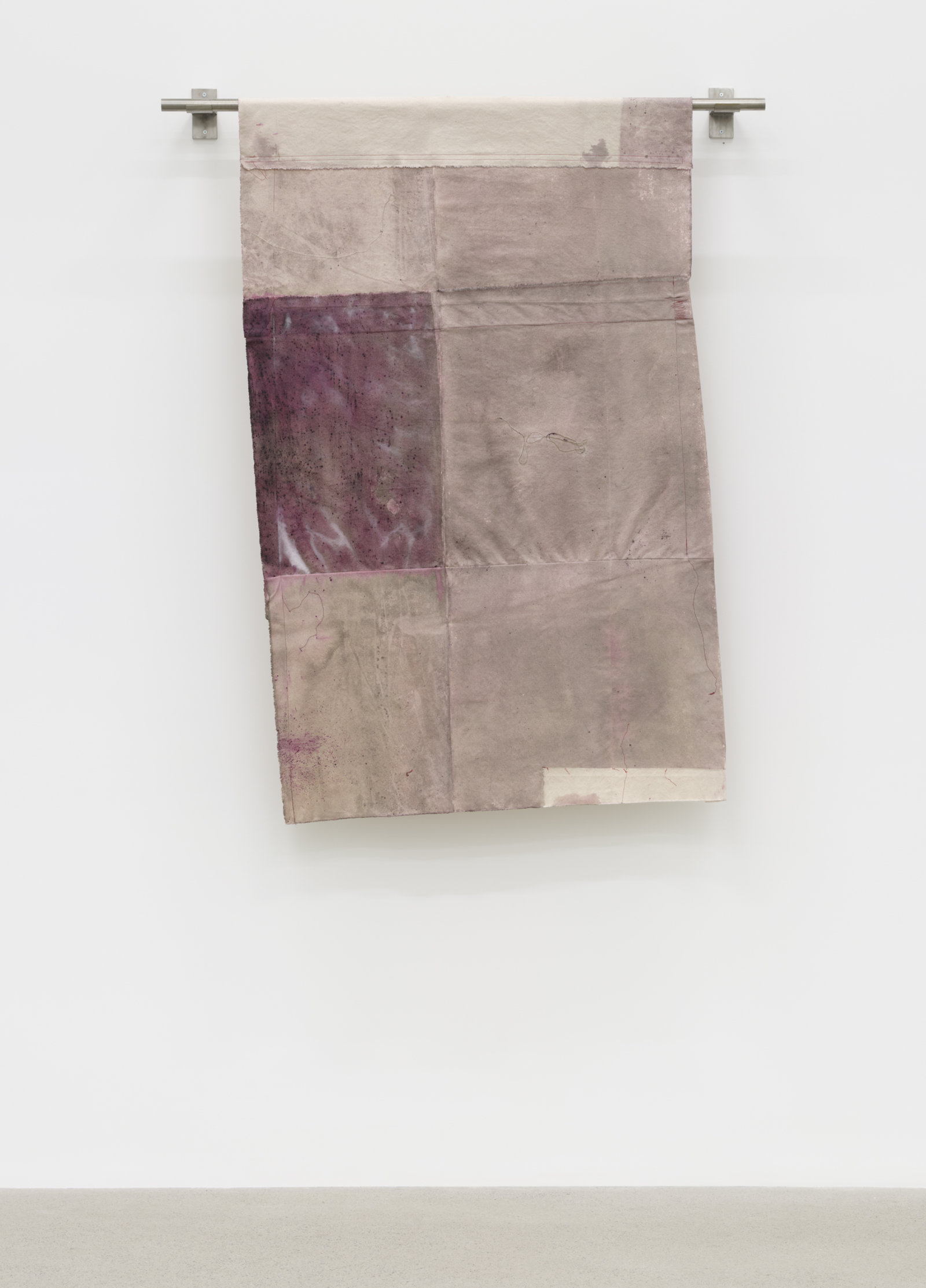 Duane Linklater, mocassin melancholia, 2022, canvas, thread, cochineal, steel, 60 x 48 x 6 in. (151 x 122 x 16 cm)