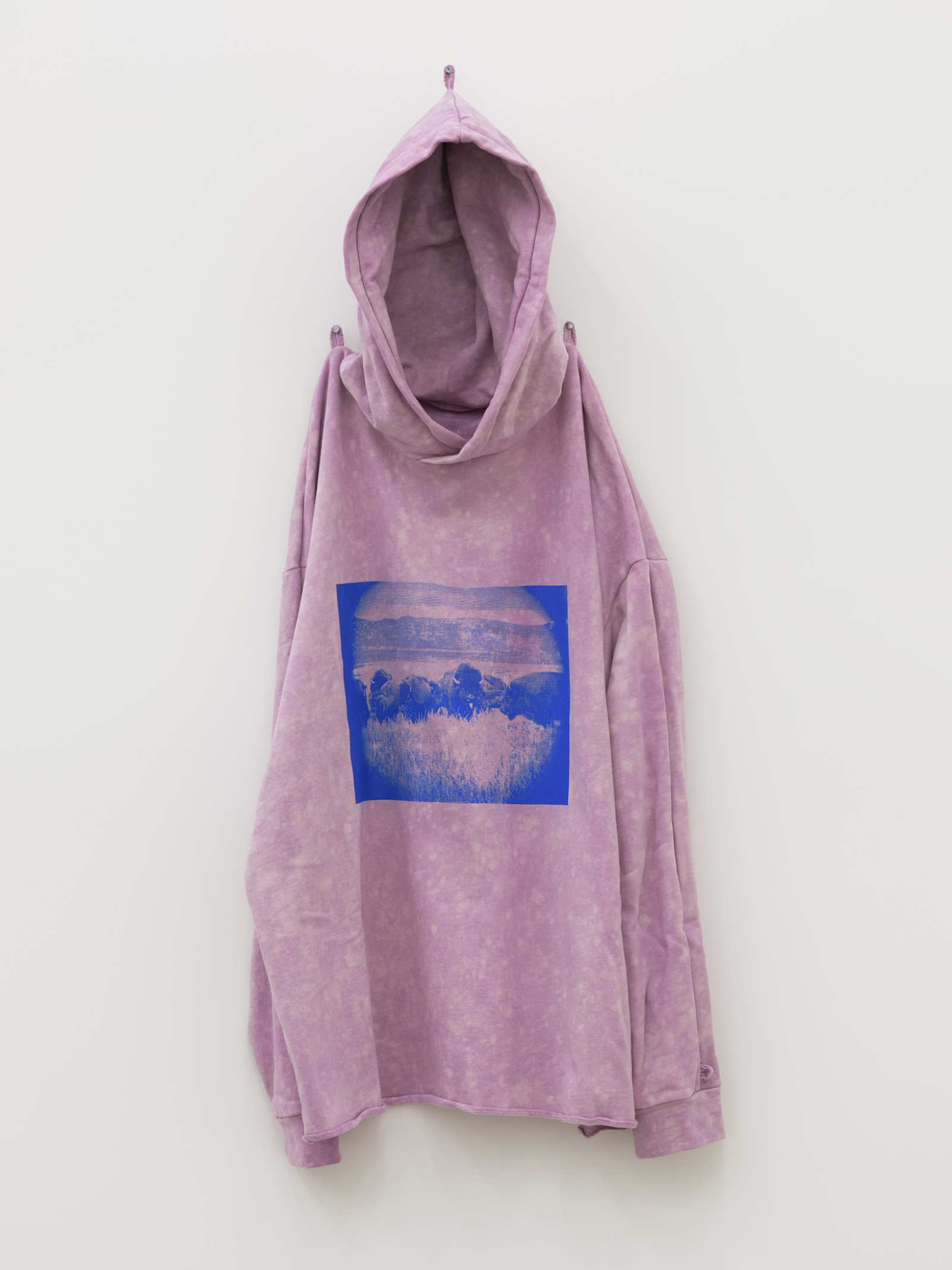 Duane Linklater, silentstar, delicacy, 2020, handmade hoodie, cochineal dye, silkscreen, nails, 56 x 20 x 5 in. (142 x 51 x 13 cm)
