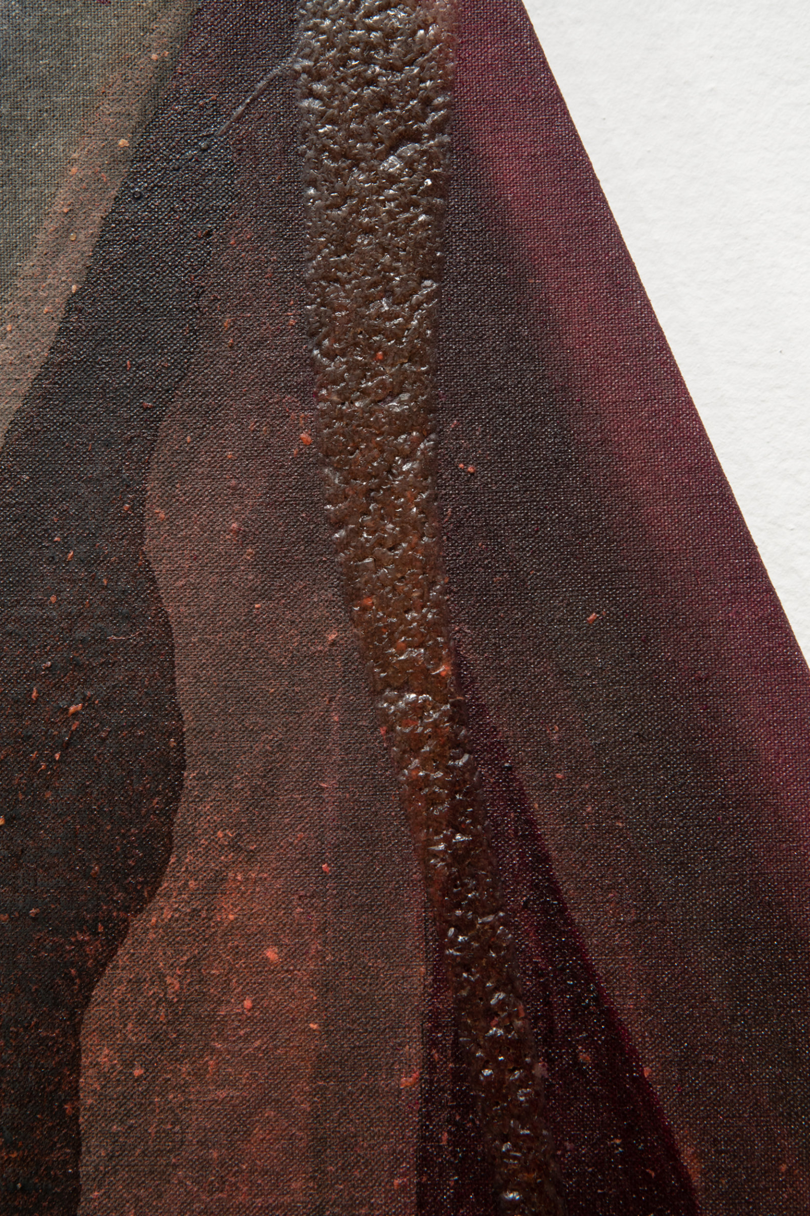 Duane Linklater, they have piled the stone / as they promised / without syrup 1 (detail), 2023, digital print on linen, cochineal, tea, sumac, charcoal, maple syrup, 36 x 30 in. (91 x 76 cm)