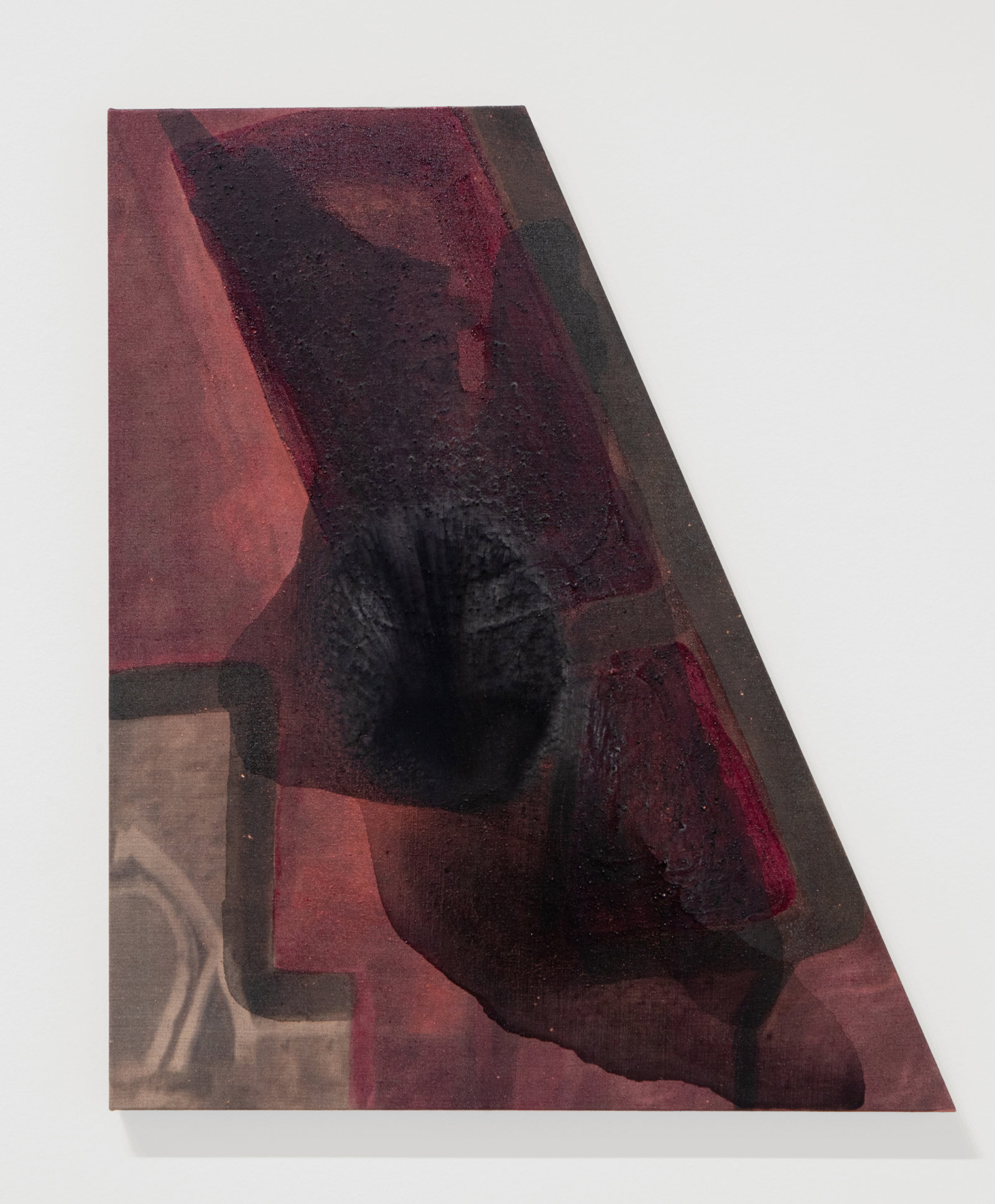 Duane Linklater, they have piled the stone / as they promised / without syrup 3, 2023, digital print on linen, cochineal, sumac, charcoal, 36 x 30 in. (91 x 76 cm)