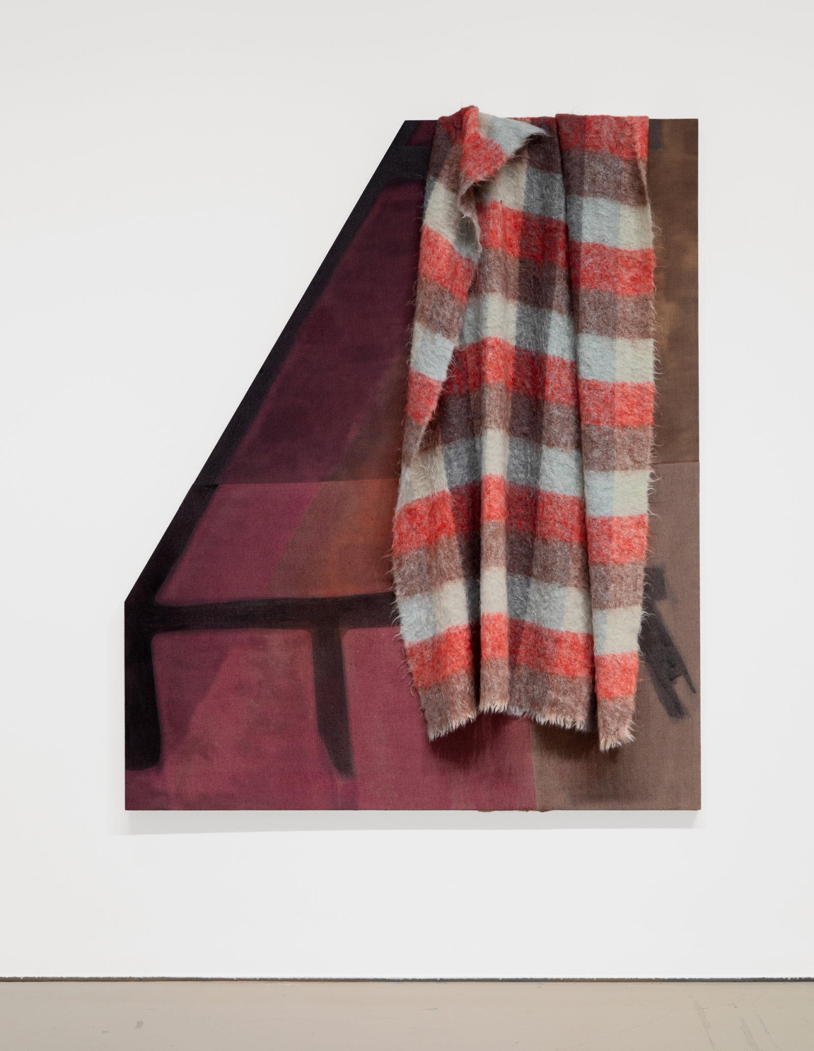 Duane Linklater, they have piled the stone / as they promised / without syrup 4, 2023, digital print on linen, cochineal, tea, sumac, charcoal, wool blanket, 72 x 60 in. (183 x 152 cm)
