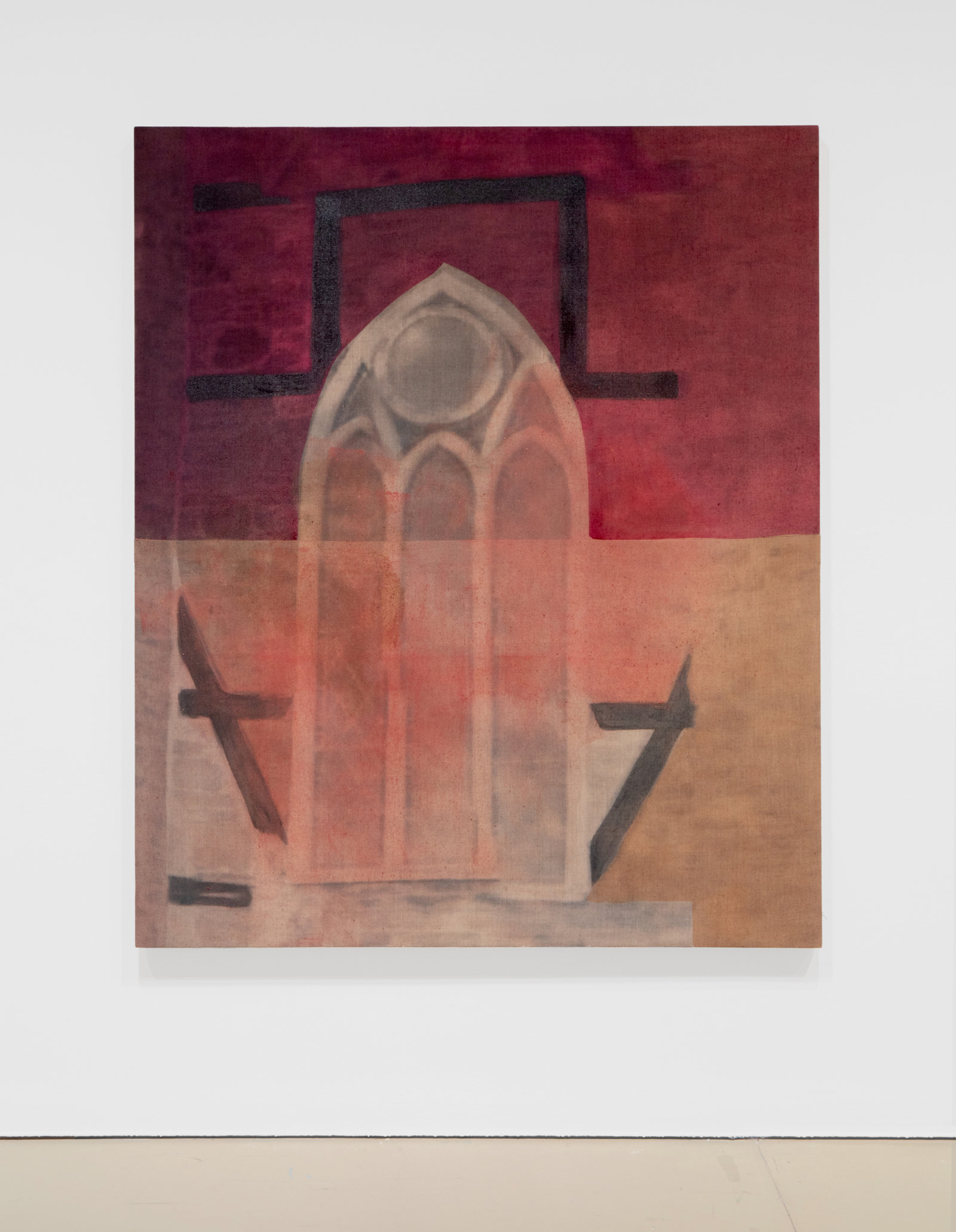 Duane Linklater, they have piled the stone / as they promised / without syrup 5, 2023, digital print on linen, cochineal, tea, sumac, tobacco, charcoal, 72 x 60 in. (183 x 152 cm)
