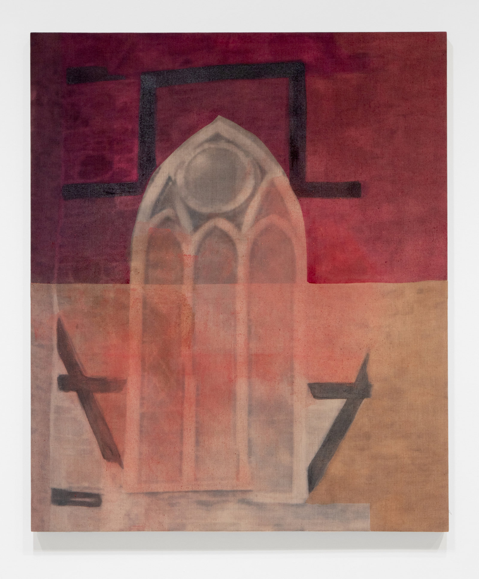 Duane Linklater, they have piled the stone / as they promised / without syrup 5, 2023, digital print on linen, cochineal, tea, sumac, tobacco, charcoal, 72 x 60 in. (183 x 152 cm)