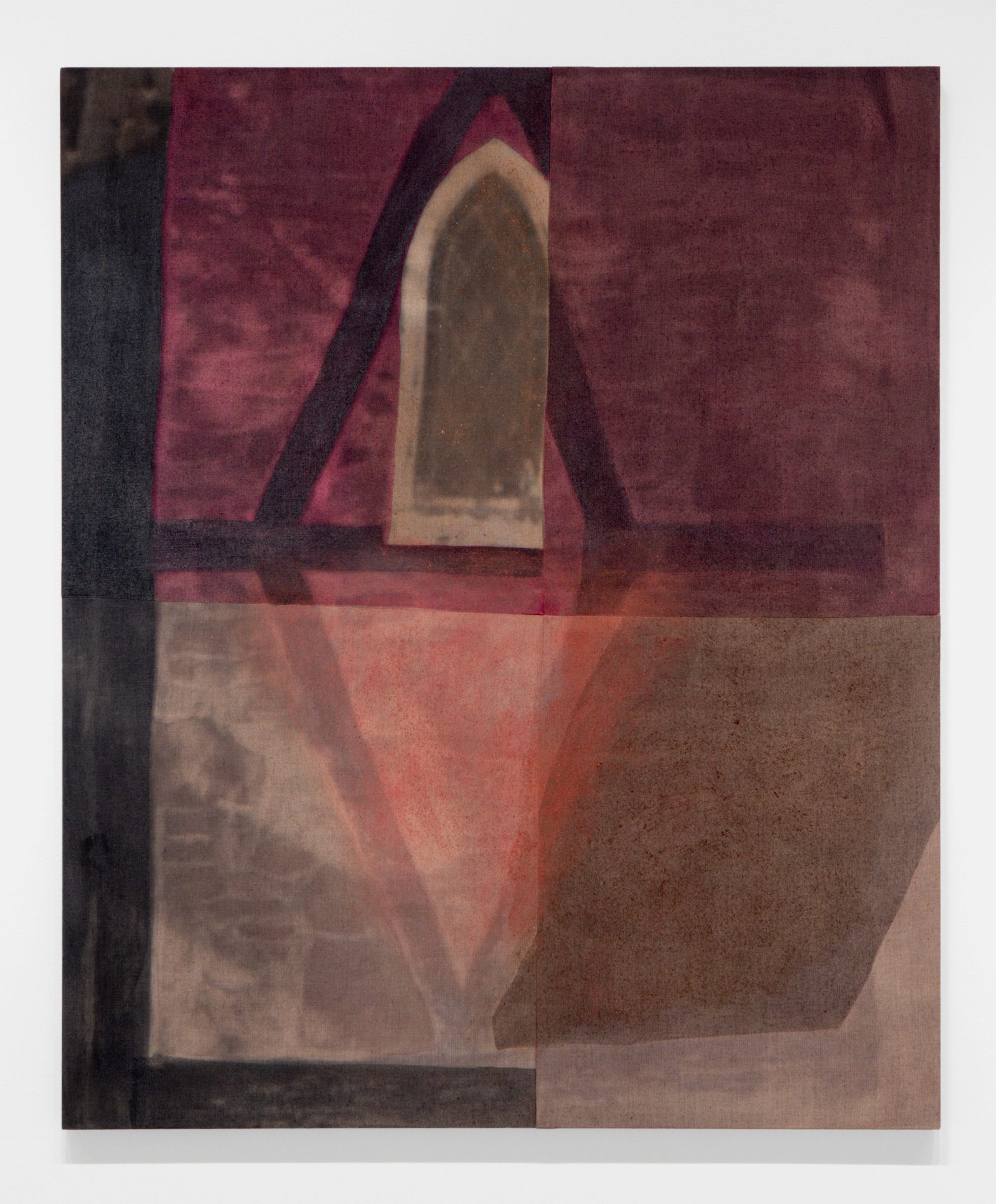 Duane Linklater, they have piled the stone / as they promised / without syrup 7, 2023, digital print on linen, cochineal, tea, sumac, tobacco, charcoal, 72 x 60 in. (183 x 152 cm)