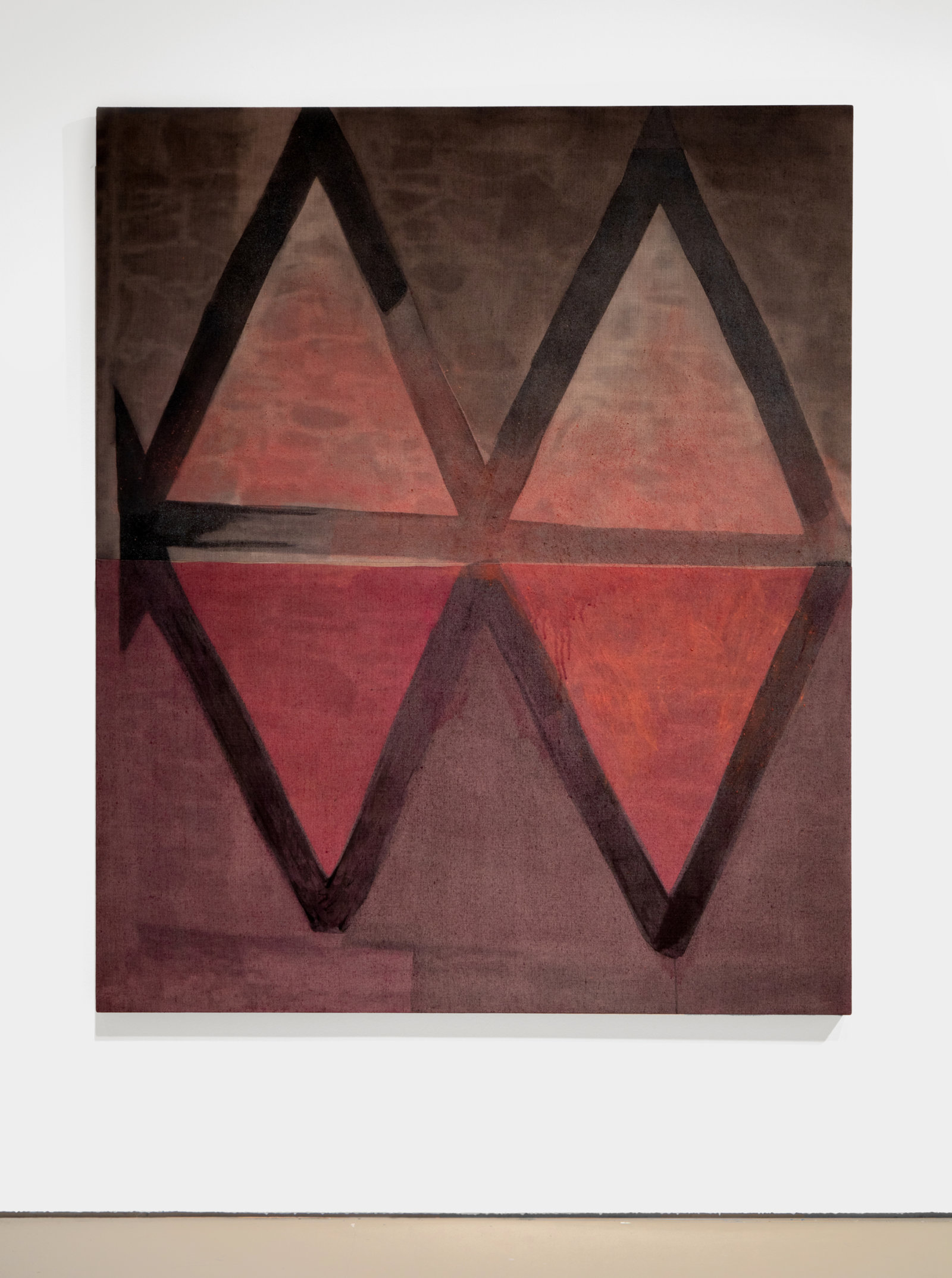 Duane Linklater, they have piled the stone / as they promised / without syrup 8, 2023, digital print on linen, cochineal, sumac, charcoal, 72 x 60 in. (183 x 152 cm)