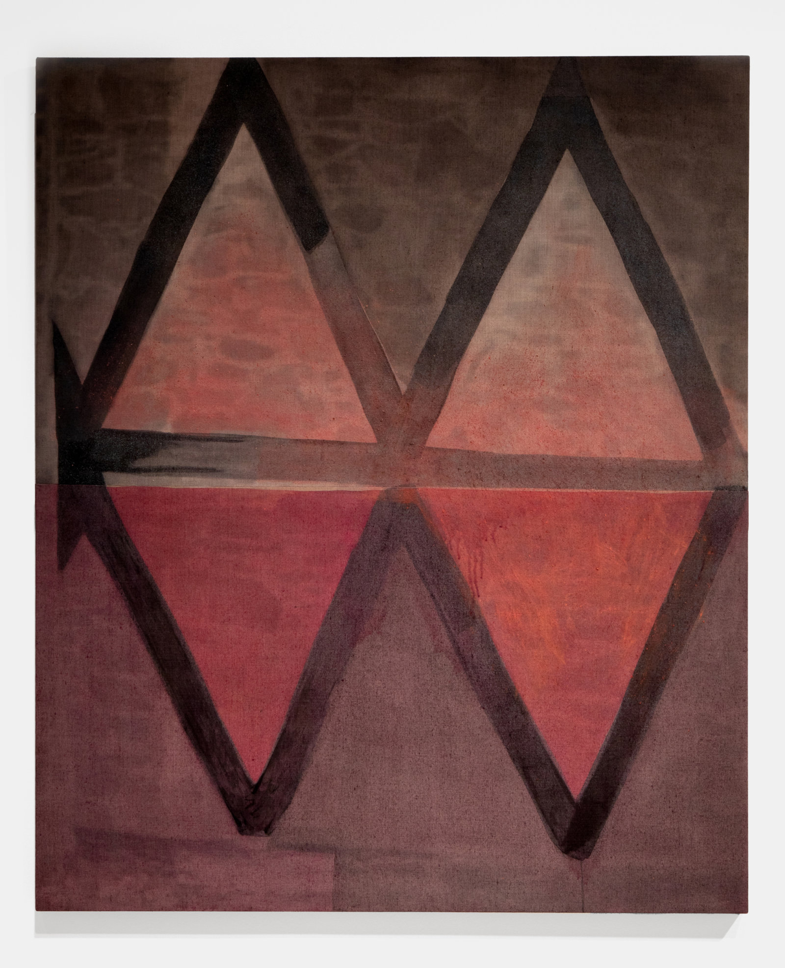 Duane Linklater, they have piled the stone / as they promised / without syrup 8, 2023, digital print on linen, cochineal, sumac, charcoal, 72 x 60 in. (183 x 152 cm)