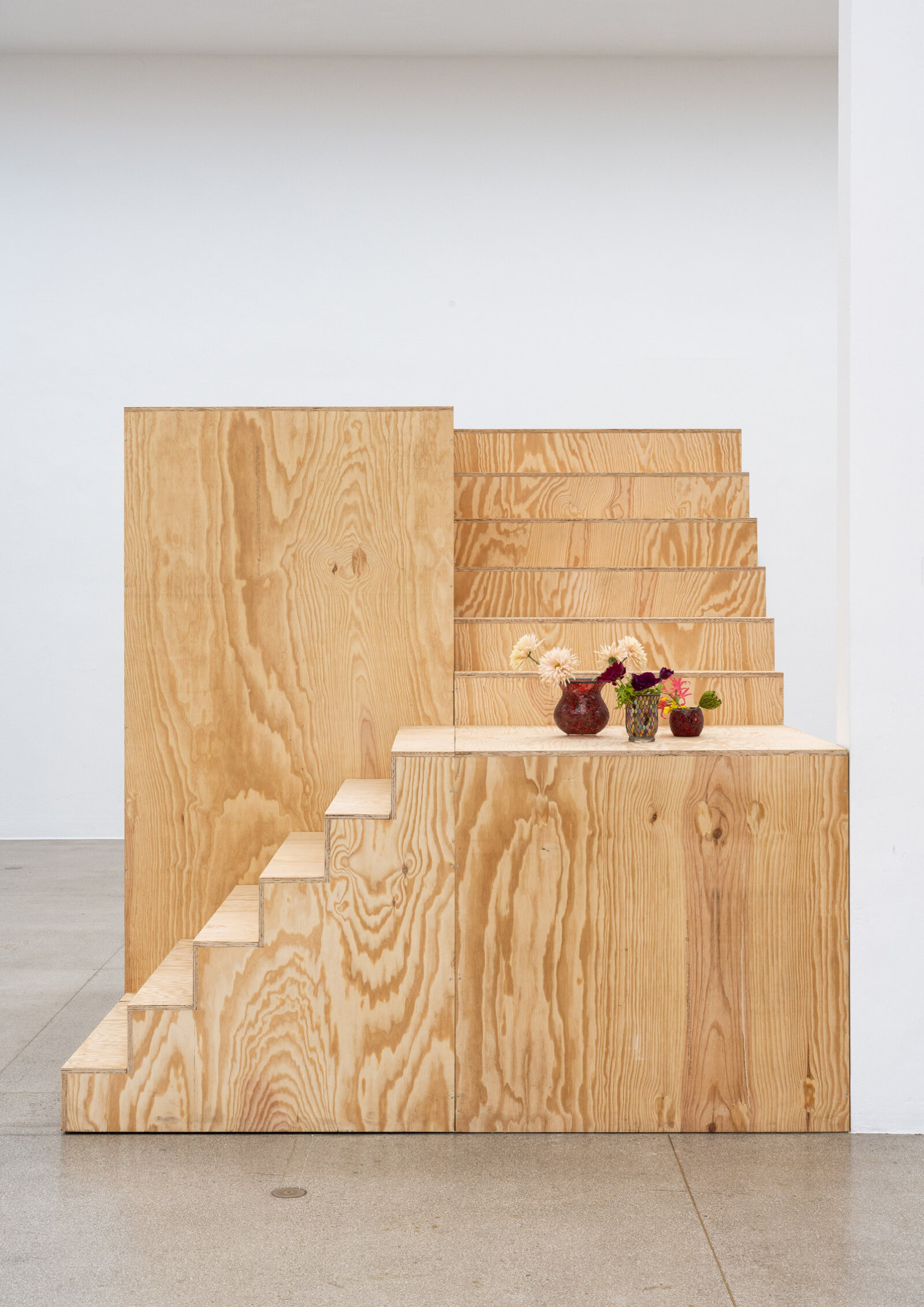 Duane Linklater, treefourteen_birch, 2025, plywood, vases, flowers, 96 x 96 x 96 in. (244 x 244 x 244 cm)
