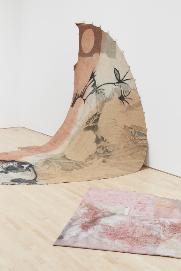 Duane Linklater, can the circle be unbroken 3, 2019, digital print on linen, iron red dye, cypress yellow ochre, black walnut dye, black tea, charcoal, installation dimensions variable. Installation view, SOFT POWER, SF MOMA, San Francisco, USA, 2019