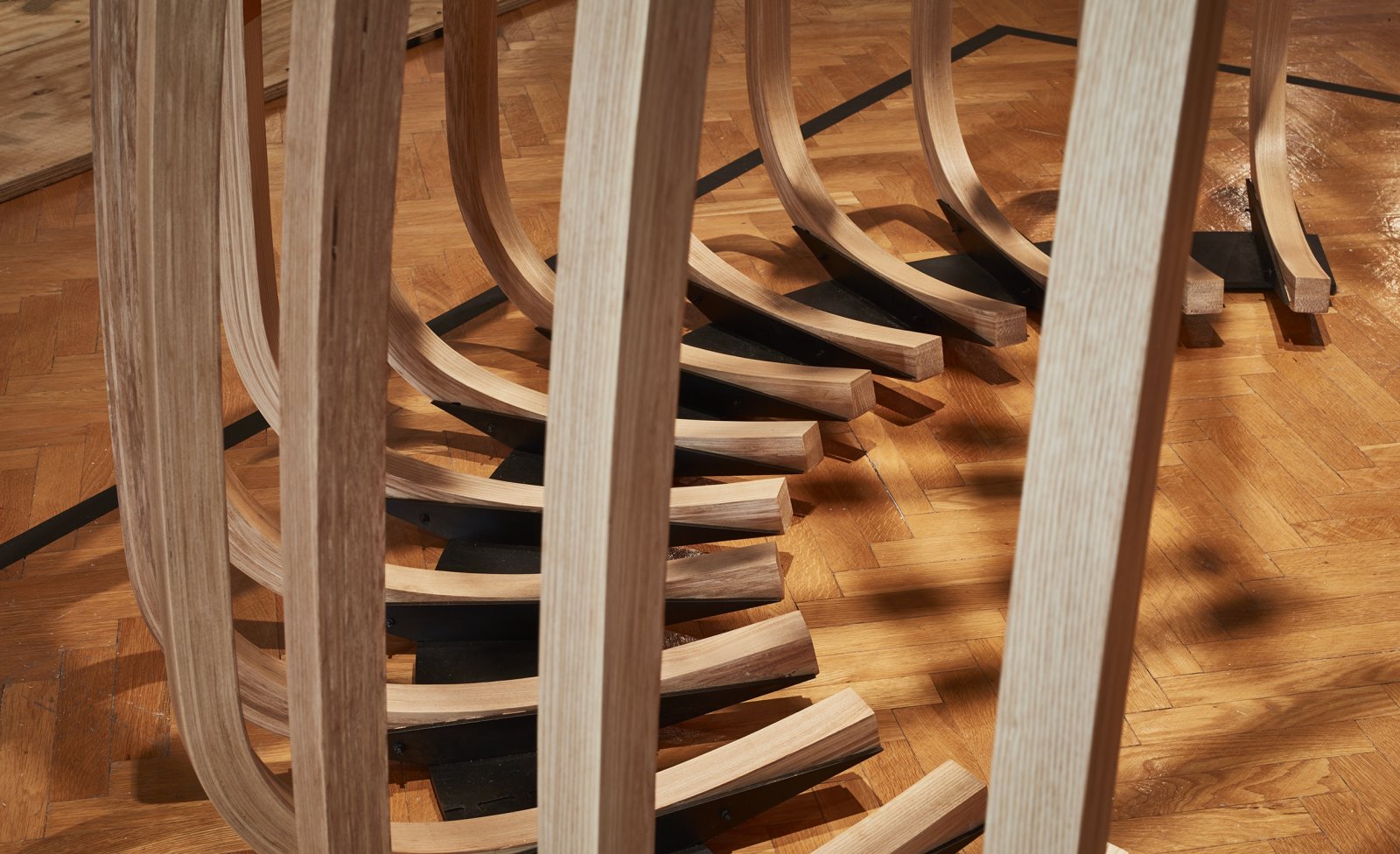 Tanya Lukin Linklater and Tiffany Shaw-Collinge, Indigenous geometries (detail), 2019, cold rolled steel, laminate ash, paint, matte polyurethane, hardware, 84 x 107 x 107 in. (213 x 272 x 272 cm). Installation view, ...and other such stories, Chicago Architecture Biennial, USA, 2019