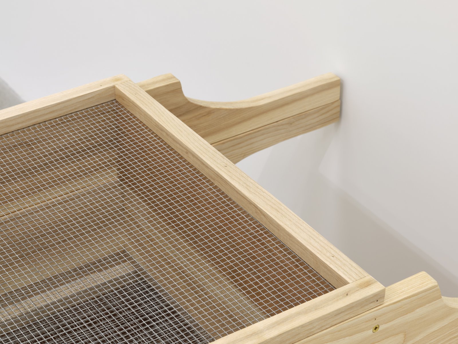 Tanya Lukin Linklater, Horse Hair Question 1 (detail), 2016, horse hair bundles, cotton string, antler velvet, nails, american ash wood, american cherry wood, brass screws, steel screws, steel mesh screens, drywall, steel studs, installation dimensions variable