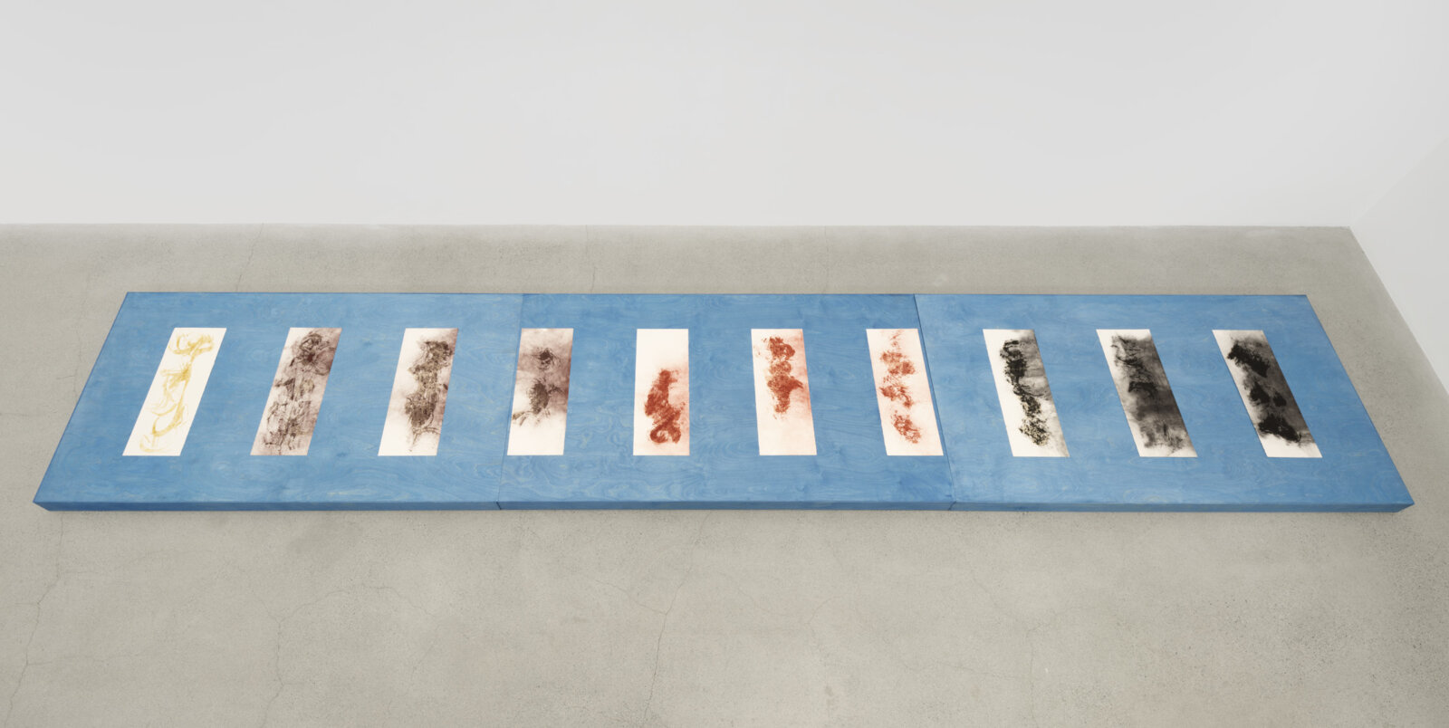 Tanya Lukin Linklater, Hair Prints 16–25, 2024, ochre and walnut oil on paper, 4 x 264 x 49 in. (10 x 672 x 124 cm)