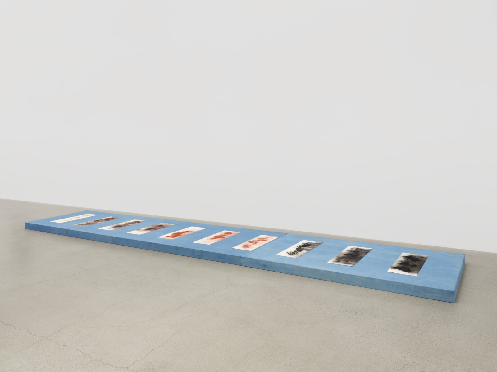 Tanya Lukin Linklater, Hair Prints 16–25, 2024, ochre and walnut oil on paper, 4 x 264 x 49 in. (10 x 672 x 124 cm)