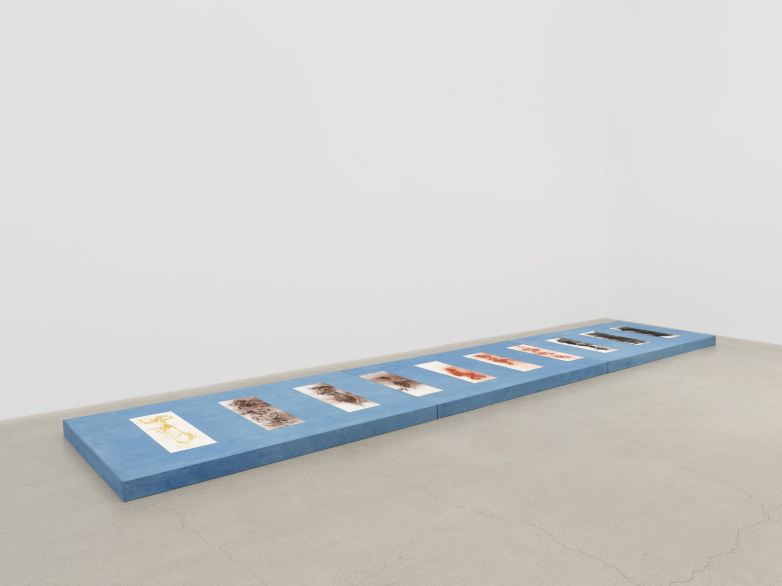Tanya Lukin Linklater, Hair Prints 16–25, 2024, ochre and walnut oil on paper, 4 x 264 x 49 in. (10 x 672 x 124 cm)