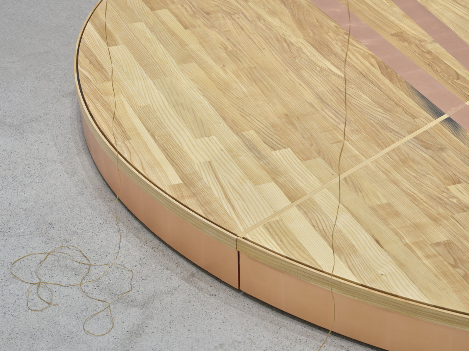 Tanya Lukin Linklater, Held in the air I never fell (spring lightning sweetgrass song) (detail), 2022, kohkom scarves, thread, hide, ash, copper, artificial sinew, 224 x 120 x 120 in. (569 x 305 x 305 cm)