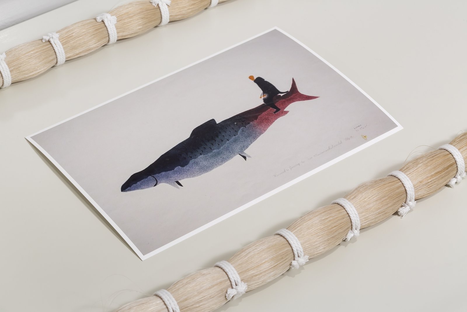 Tanya Lukin Linklater, Horse Hair Question 2 (detail), 2016, wood, hardware, screen, horse hair bundles, cotton, paper, images of Inuit prints from Art Gallery of Alberta’s collection, dimensions variable. Installation view, A Parallel Excavation, Art Gallery of Alberta, Edmonton, Canada, 2016