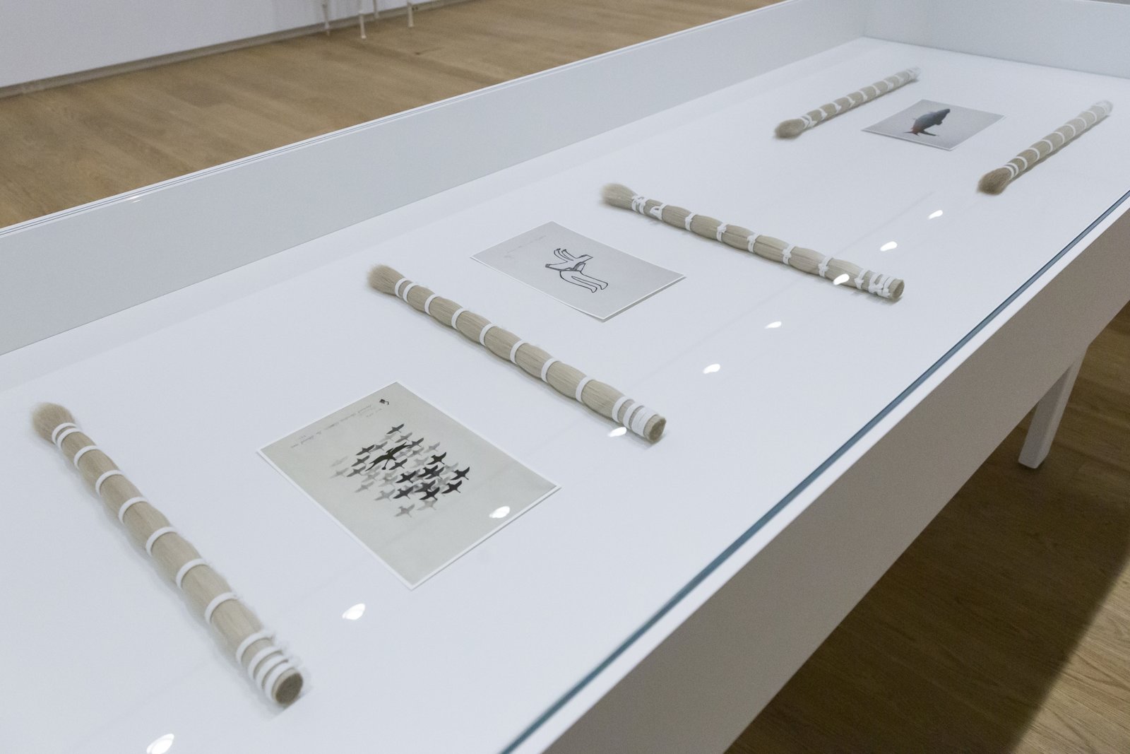 Tanya Lukin Linklater, Horse Hair Question 2 (detail), 2016, wood, hardware, screen, horse hair bundles, cotton, paper, images of Inuit prints from Art Gallery of Alberta’s collection, dimensions variable. Installation view, Next Year’s Country, Remai Modern, Saskatoon, Canada, 2020