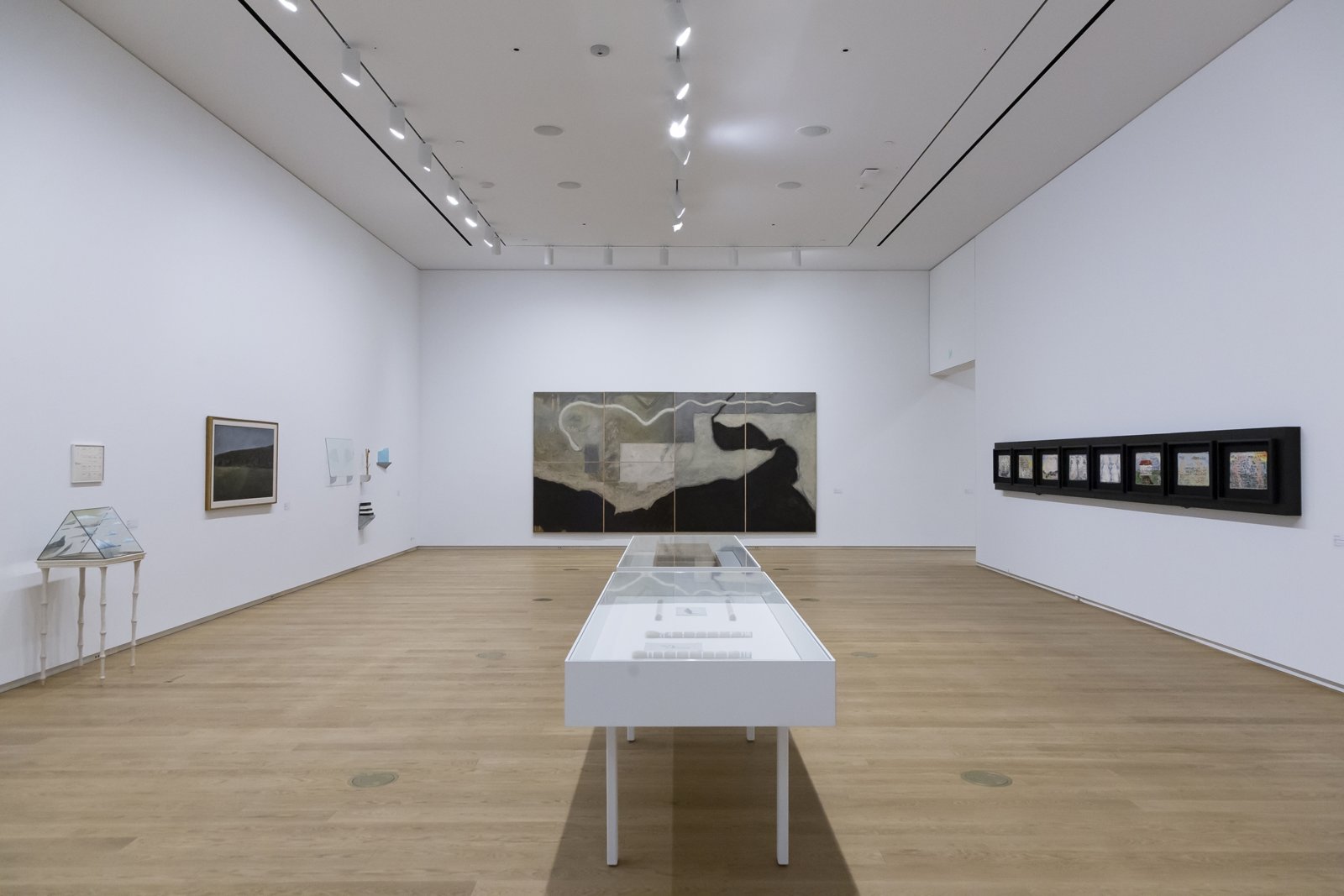 Tanya Lukin Linklater, Horse Hair Question 2, 2016, wood, hardware, screen, horse hair bundles, cotton, paper, images of Inuit prints from Art Gallery of Alberta’s collection, dimensions variable. Installation view, Next Year’s Country, Remai Modern, Saskatoon, Canada, 2020