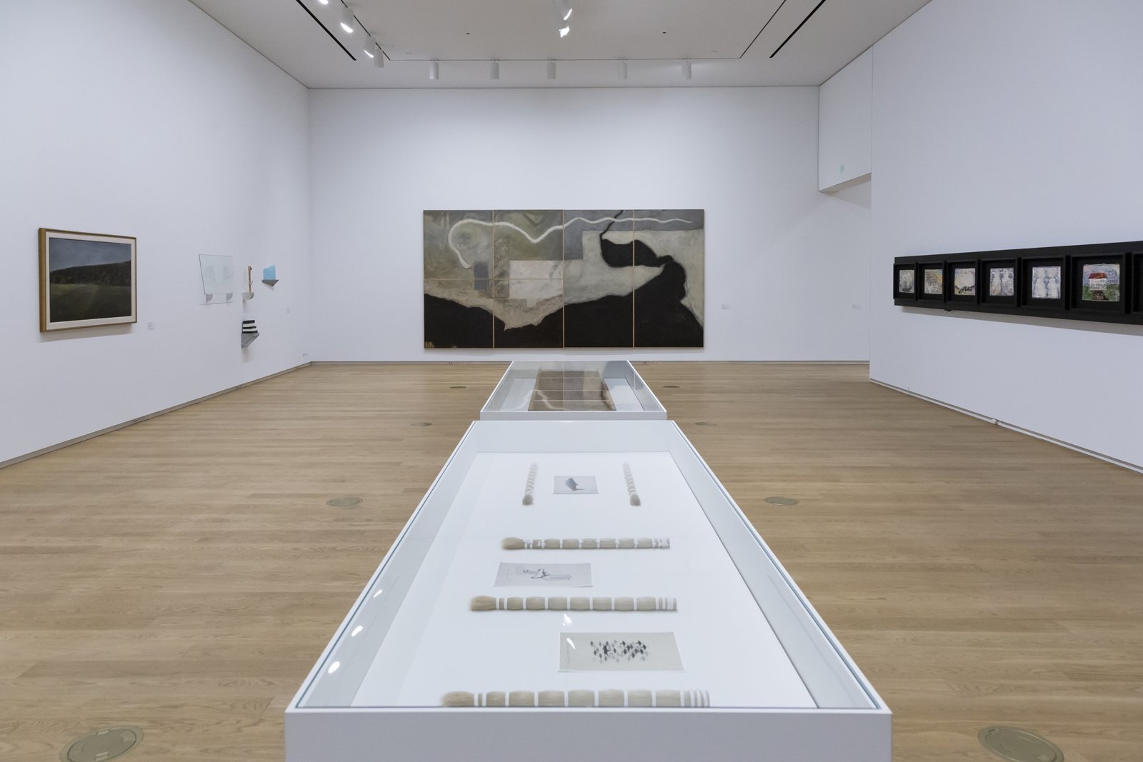 Tanya Lukin Linklater, Horse Hair Question 2, 2016, wood, hardware, screen, horse hair bundles, cotton, paper, images of Inuit prints from Art Gallery of Alberta’s collection, dimensions variable. Installation view, Next Year’s Country, Remai Modern, Saskatoon, Canada, 2020