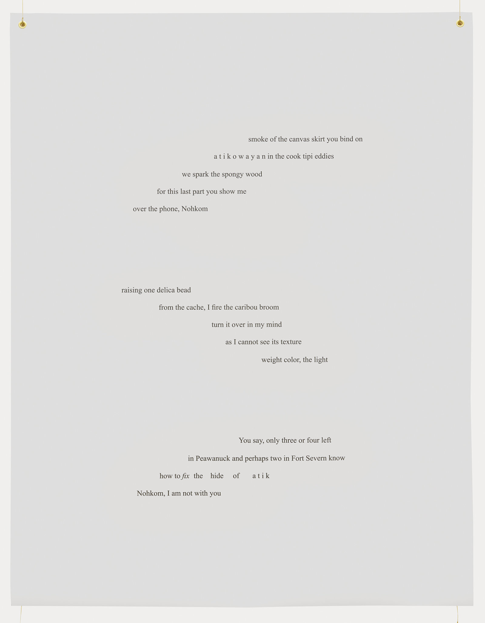 Tanya Lukin Linklater, Slow Scrape, 2013–2020, 5 banners, canvas, grommets, sinew, each 66 x 51 in. (168 x 130 cm)