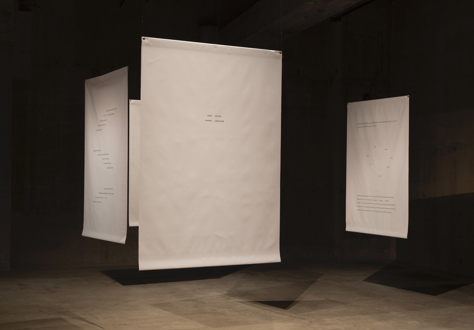 Tanya Lukin Linklater, Slow Scrape, 2013, 5 banners, canvas, grommets, sinew, 66 x 51 in. (168 x 130 cm). Installation view, Our Bodies, Our Archives, Tate Modern, London, UK, 2020