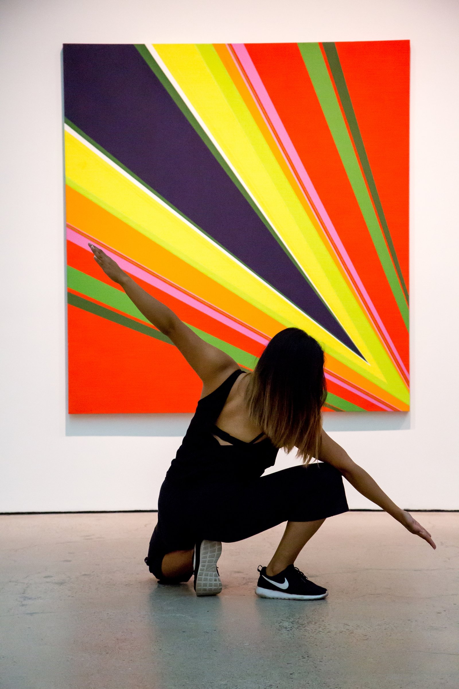 Tanya Lukin Linklater, Sun Force, 2017, site-specific performance with dancers Ceinwen Gobert and Danah Rosales in response to Fire and Light, an exhibition of Rita Letendre's paintings at the Art Gallery of Ontario, Toronto, Canada, 2017