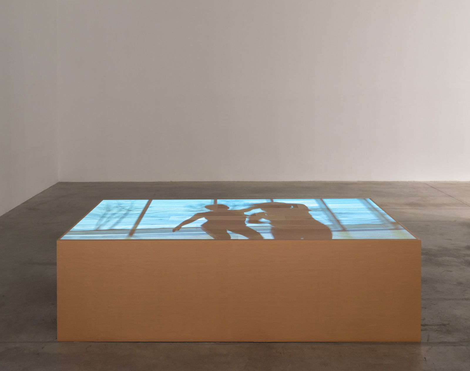 Tanya Lukin Linklater, We wear one another, 2019⁠, site-specific performance projected on wood plinth, 48 x 24 x 85 in. (122 x 61 x 216 cm), 25 minutes, 18 seconds. Installation view, Soundings, Morris and Helen Belkin Art Gallery, Vancouver, 2020