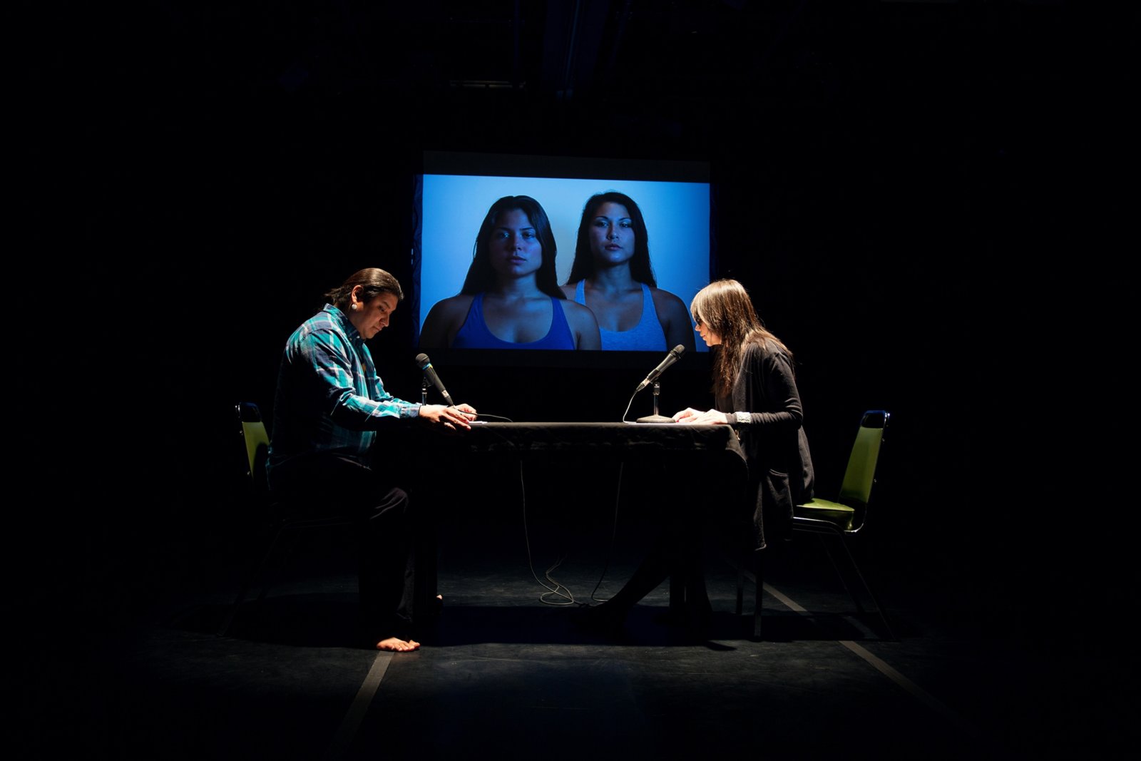 Tanya Lukin Linklater, the the, 2014–2016, performance of artist reading the long poem ‘Not like us’ with simultaneous translation by another reader into French, Spanish or Cree. Performance documentation, Turn Out, Remai Modern, Saskatoon, Canada, 2016