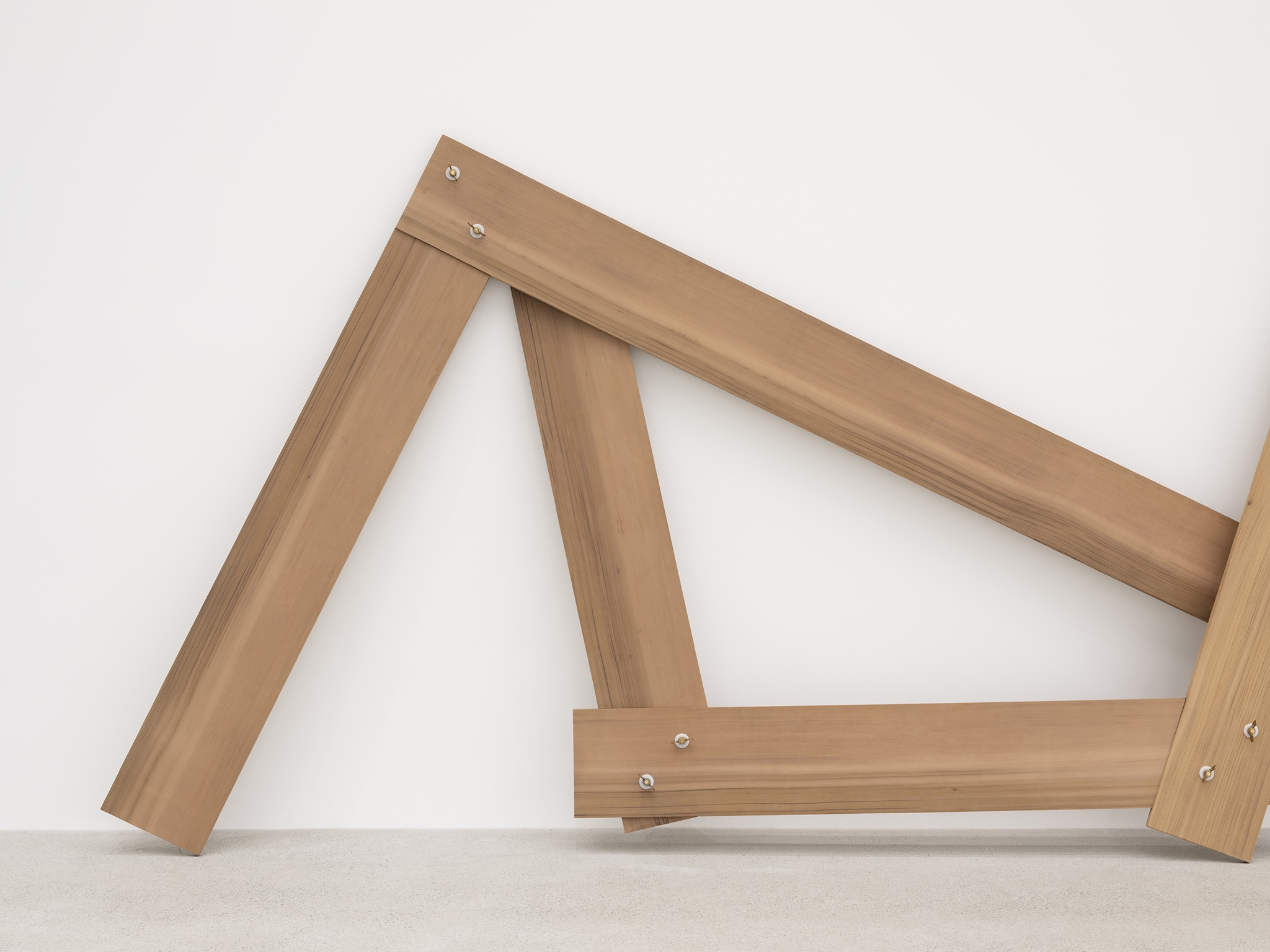 Christina Mackie, Lots/lost (The confusion part I) (detail), 2012, cedar, brass, nylon, 94 x 388 x 19 in. (238 x 986 x 48 cm) by 