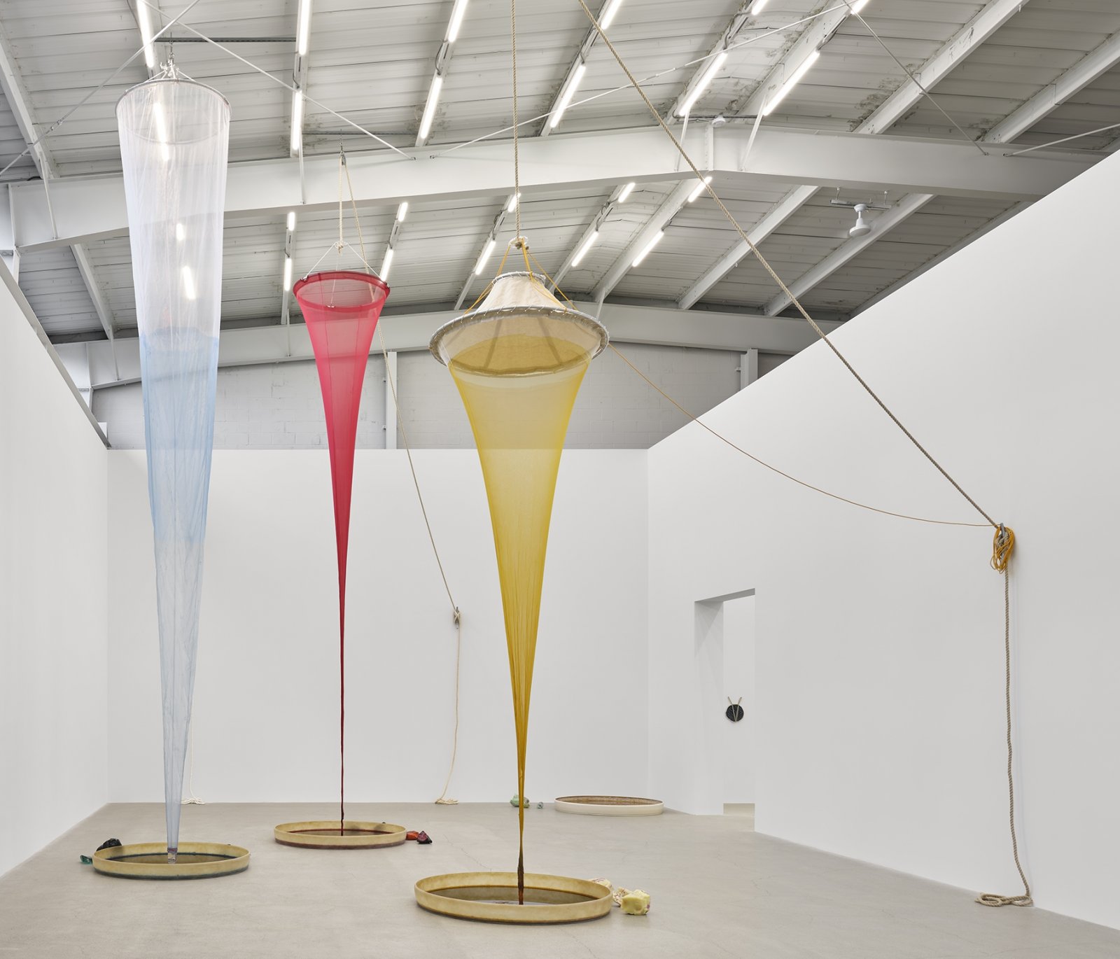 Christina Mackie, Colour Drop, 2014, silk, linen, polyester, aluminum, acrylic, manila, sisal, galvanized steel, fibreglass, gel-coated fibreglass, non-toxic water-based dye, water, worked glass, installation dimensions variable by Christina Mackie