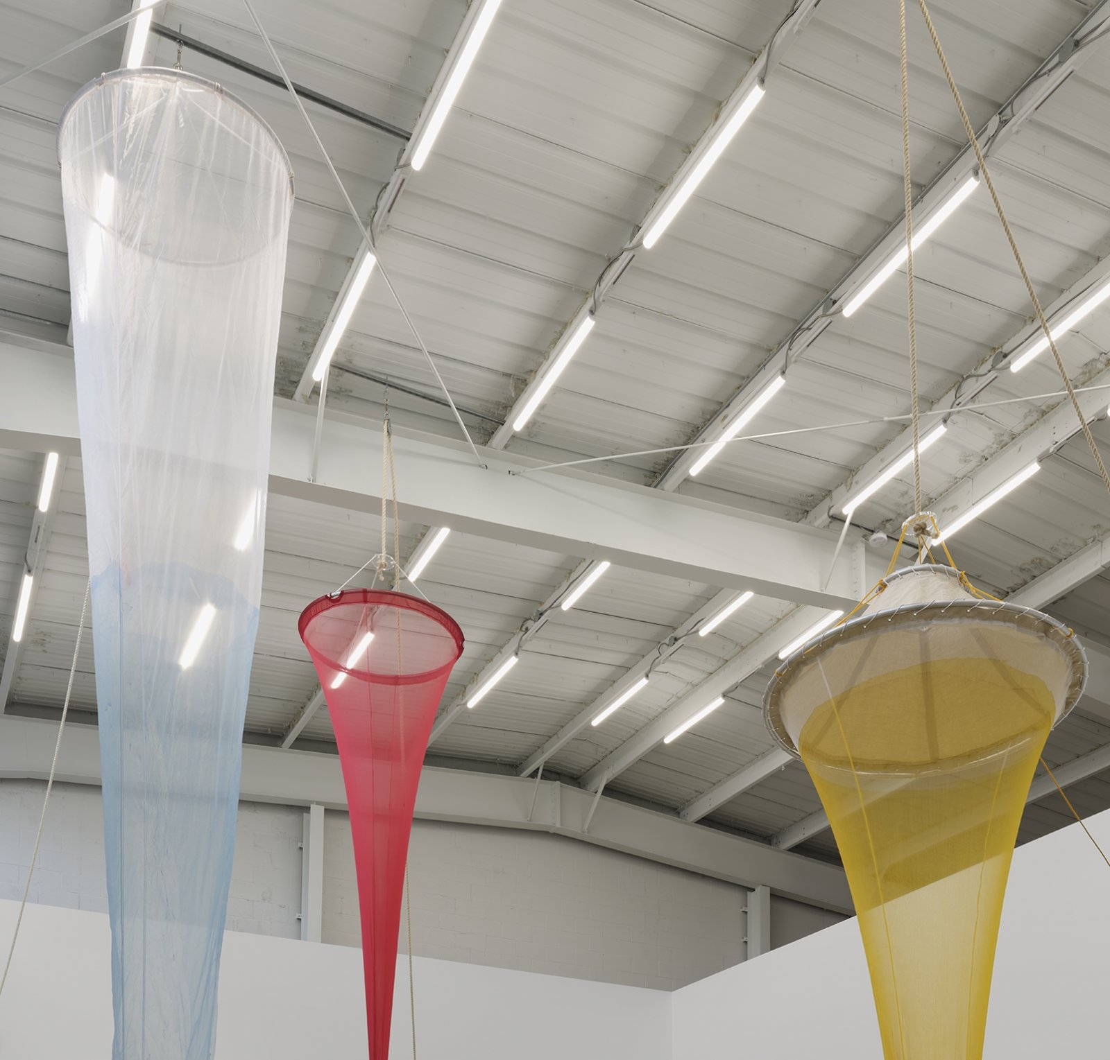Christina Mackie, Colour Drop, 2014, silk, linen, polyester, aluminum, acrylic, manila, sisal, galvanized steel, fibreglass, gel-coated fibreglass, non-toxic water-based dye, water, worked glass, installation dimensions variable by Christina Mackie