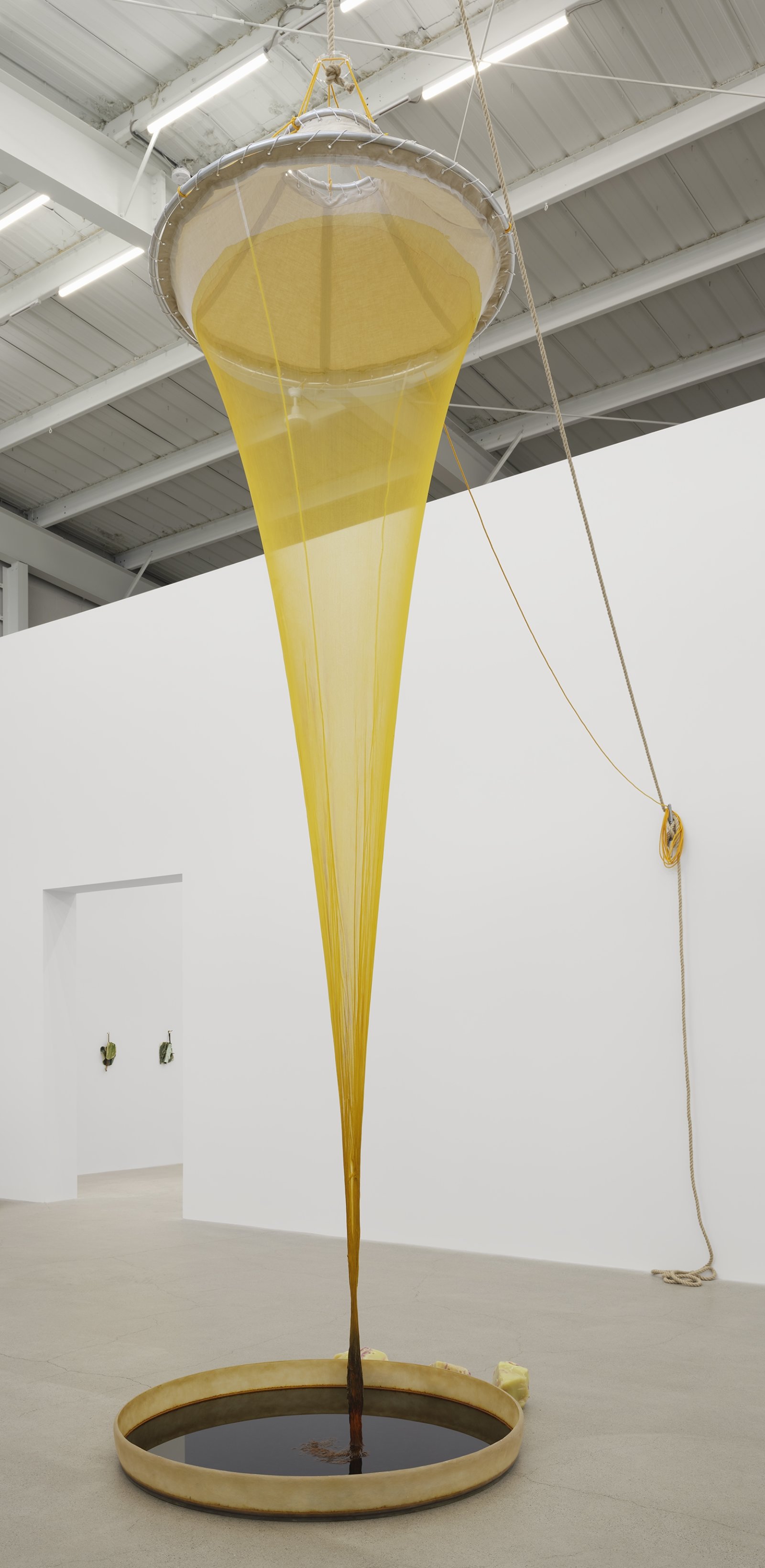Christina Mackie, Colour Drop, 2014, silk, linen, polyester, aluminum, acrylic, manila, sisal, galvanized steel, fibreglass, gel-coated fibreglass, non-toxic water-based dye, water, worked glass, installation dimensions variable