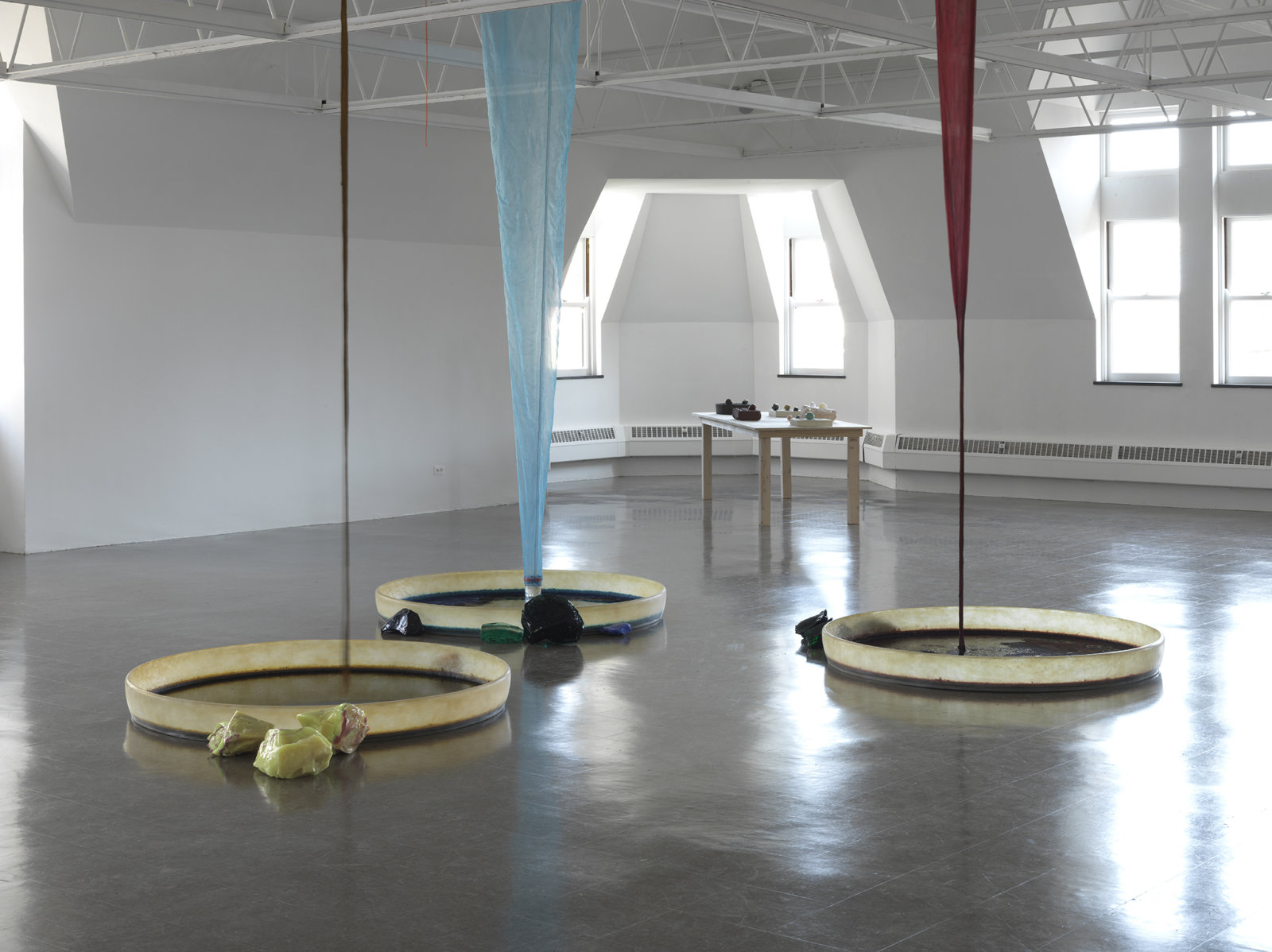Christina Mackie, Colour Drop (detail), 2014; 3 silk, linen and polyester nets with aluminum rings and acrylic hangers; pulley system comprised of polyester, manila, and sisal rope; 3 uncoated fibreglass trays, 1 gel coated fibreglass tray, water based dye, 15 pieces of worked glass, dimensions variable. Installation view, Colour	drop,	The	Renaissance	Society,	Chicago, 2014