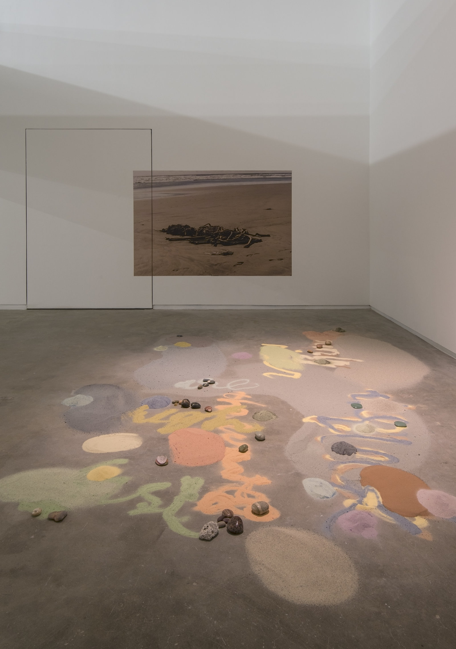Christina Mackie, Interzonal, 2002–2012, Nightlight, DVD, filmed by Quentin Mackie, sand, pigments, beach stones polished by Gillian Mackie, inkjet print, fir, steel cloth, plastic, ceramics (George and Christina Mackie), Forestface, DVD projection, fluorescent lamps, dimensions variable