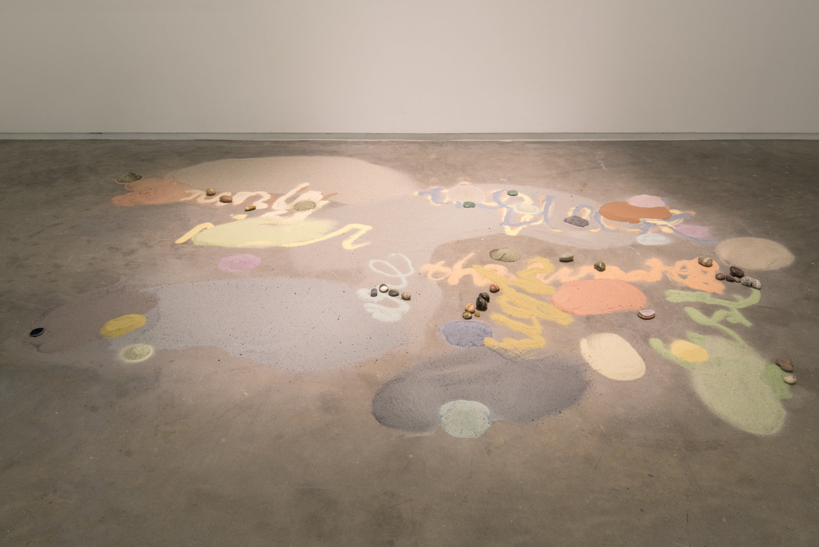 Christina Mackie, Interzonal (detail), 2002–2012, Nightlight, DVD, filmed by Quentin Mackie, sand, pigments, beach stones polished by Gillian Mackie, inkjet print, fir, steel cloth, plastic, ceramics (George and Christina Mackie), Forestface, DVD projection, fluorescent lamps, dimensions variable