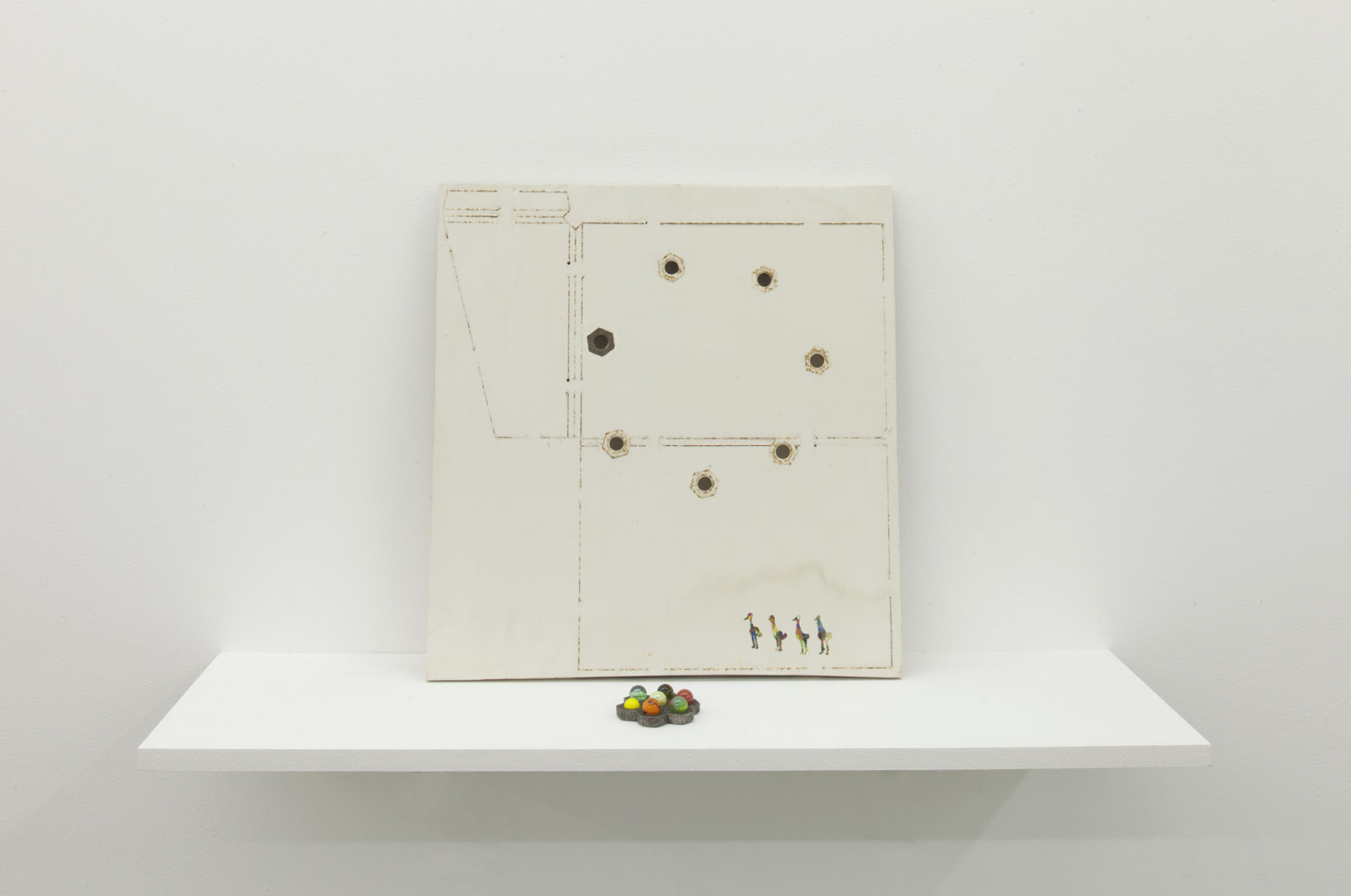 Christina Mackie, The Dies, 2008, paint, dies, gesso, nuts, marbles, 19 x 18 x 10 in. (48 x 46 x 25 cm)