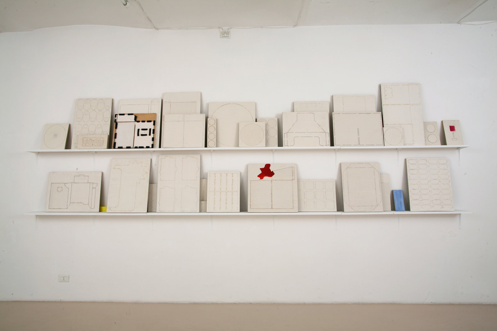 Christina Mackie, The Dies, 2008, gesso, wood, steel, watercolour, plastic, plaster, rubber, shelves and brackets, dimensions variable