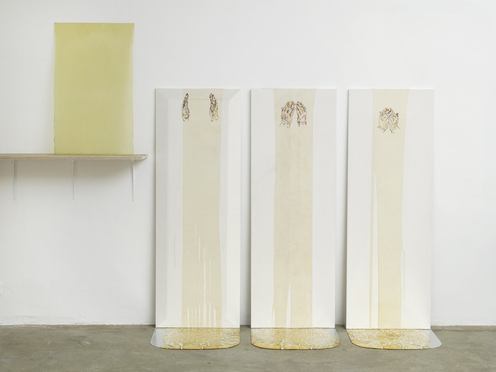 Christina Mackie, Dissembling, 2012, watercolour, gesso, perspex, varnish, dimensions variable. Installation view, Painting the Weights, Chisehale Gallery, London, UK, 2012